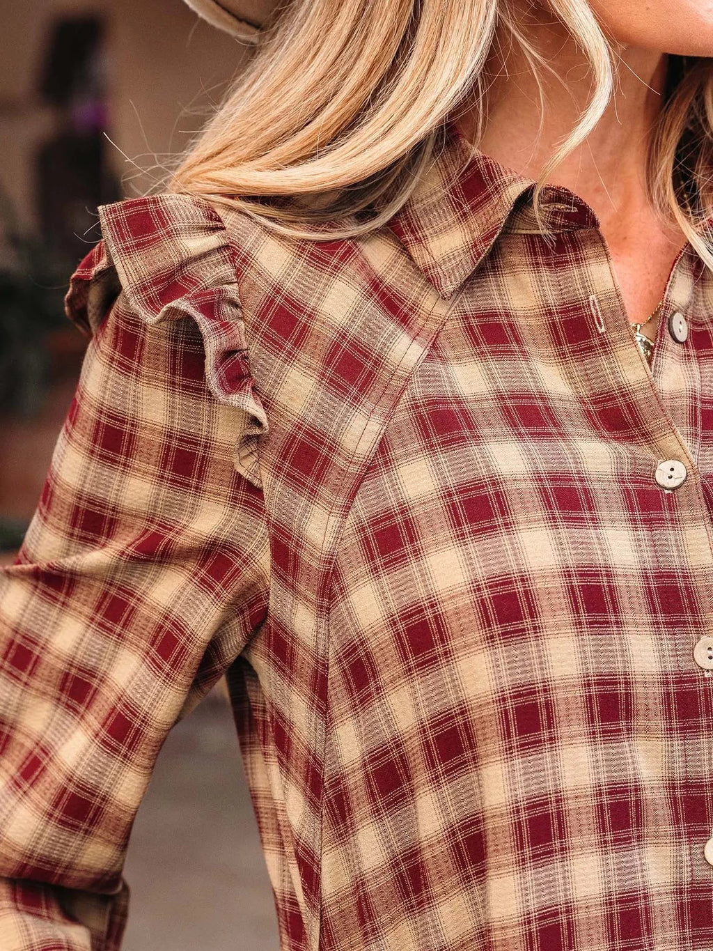 Plaid Print Ruffled Long Sleeve Patchwork Hem Mini Shirt Dress - Lara Moda