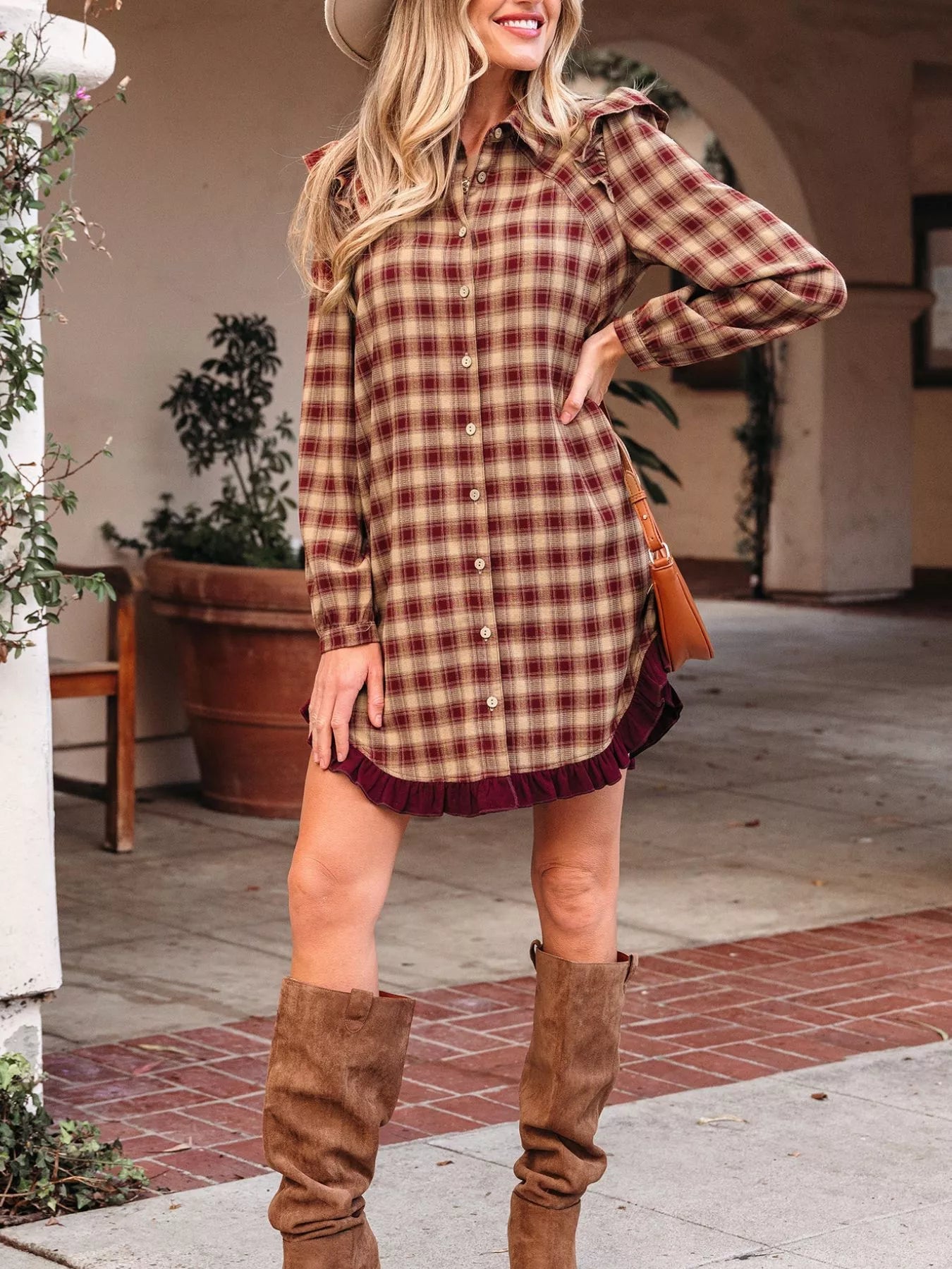 Plaid Print Ruffled Long Sleeve Patchwork Hem Mini Shirt Dress - Lara Moda