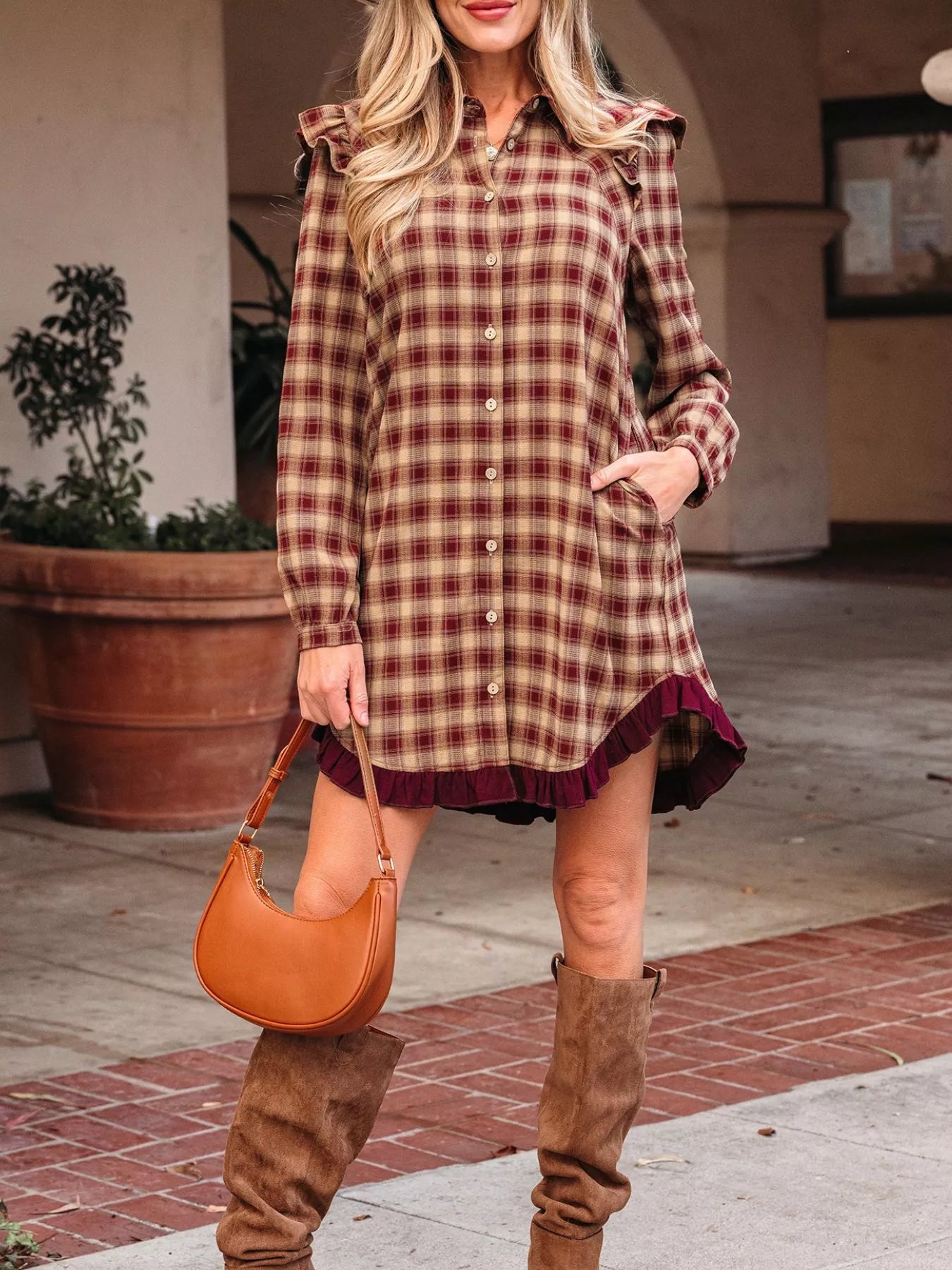 Plaid Print Ruffled Long Sleeve Patchwork Hem Mini Shirt Dress - Lara Moda
