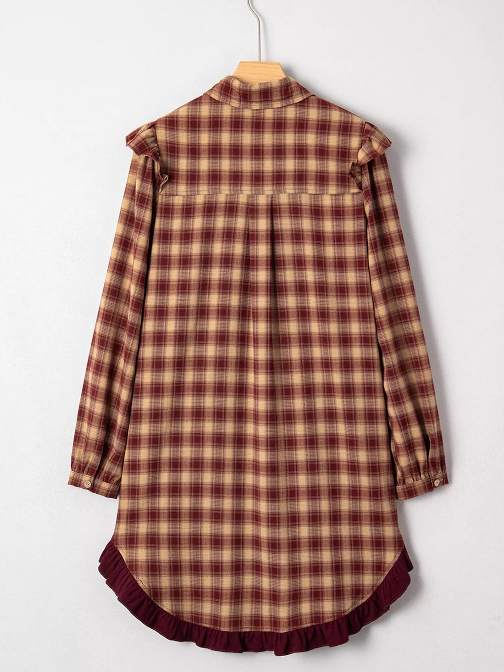 Plaid Print Ruffled Long Sleeve Patchwork Hem Mini Shirt Dress - Lara Moda