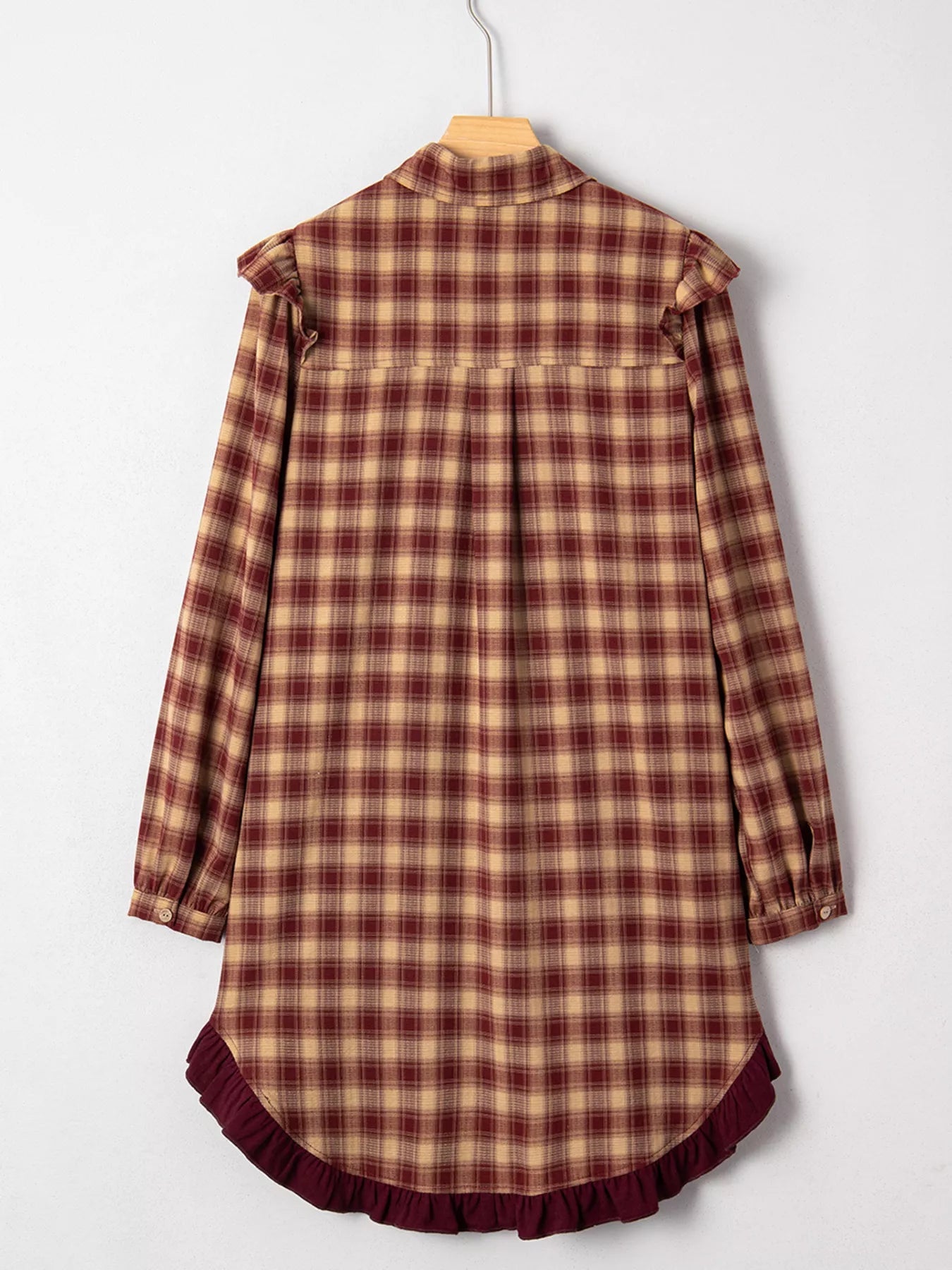 Plaid Print Ruffled Long Sleeve Patchwork Hem Mini Shirt Dress - Lara Moda