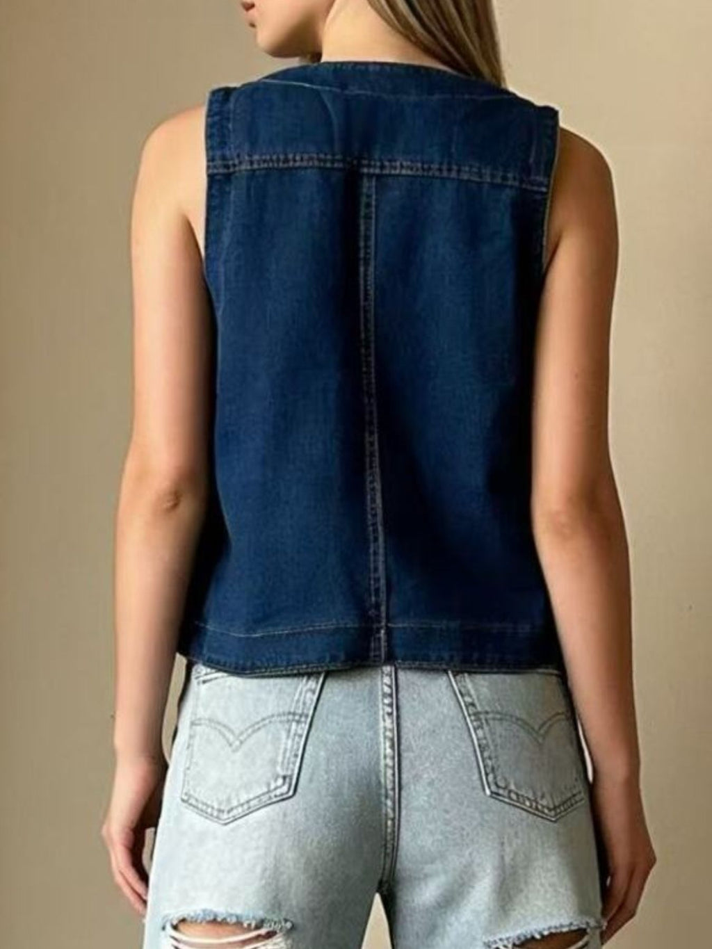Plus Size Button-Down Denim Vest - Lara Moda