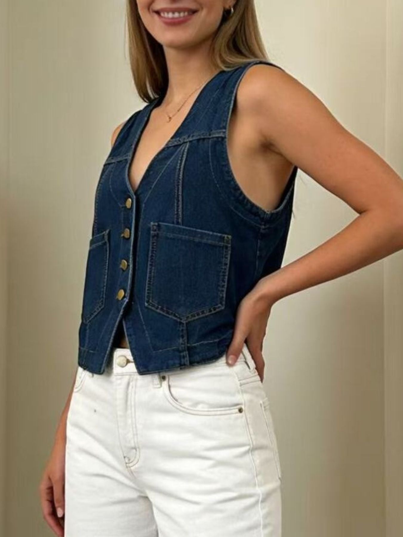Plus Size Button-Down Denim Vest - Lara Moda