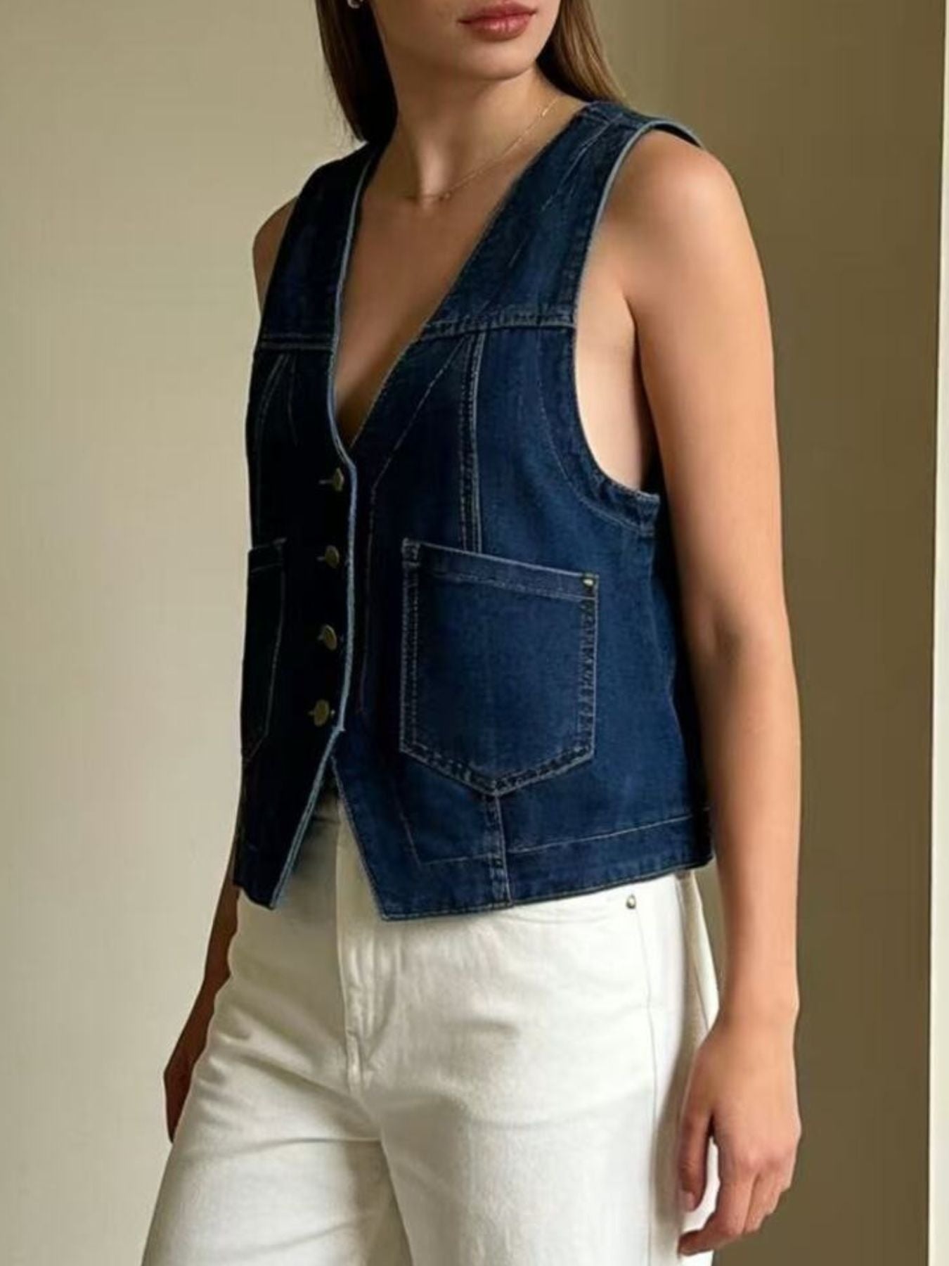 Plus Size Button-Down Denim Vest - Lara Moda