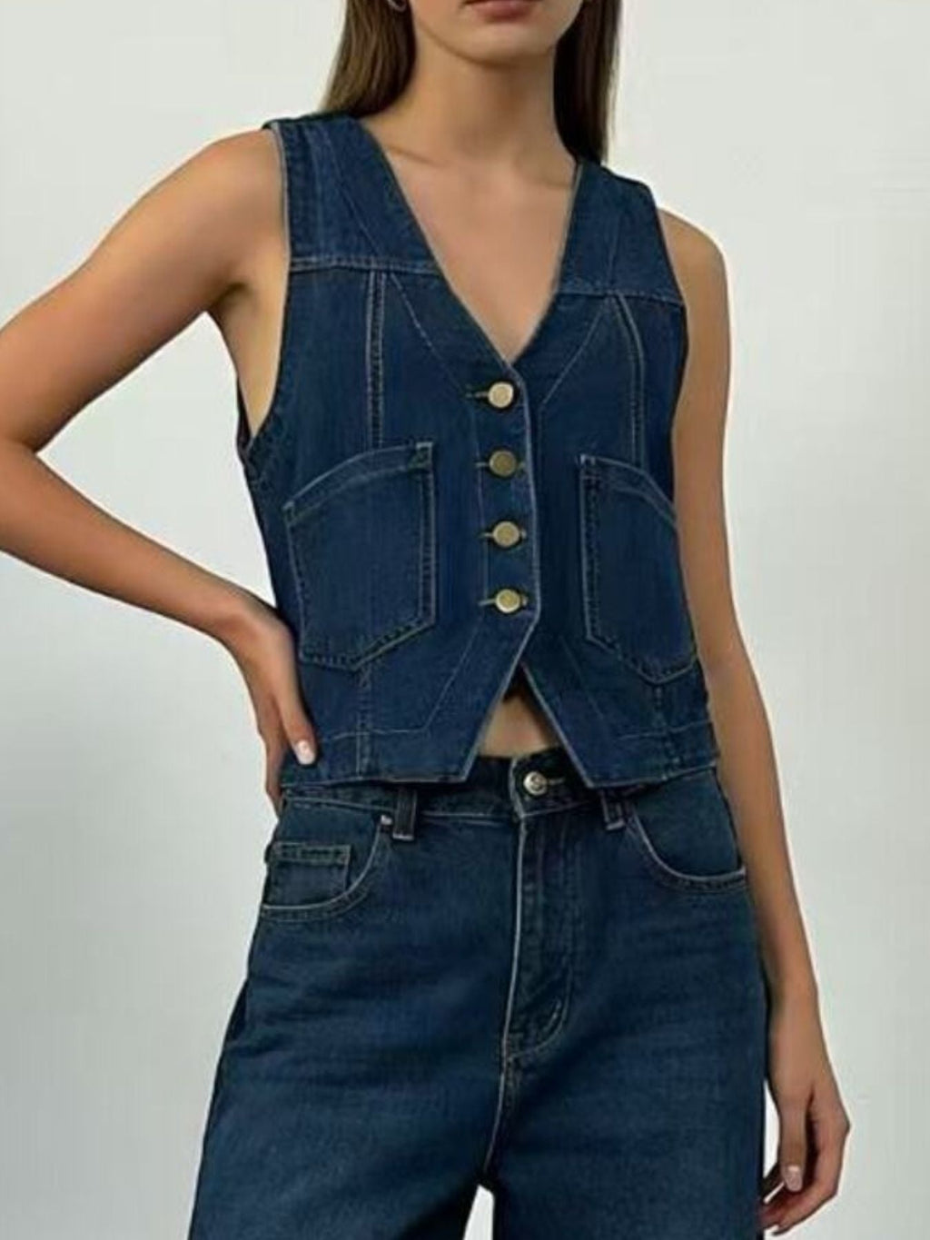 Plus Size Button-Down Denim Vest - Lara Moda