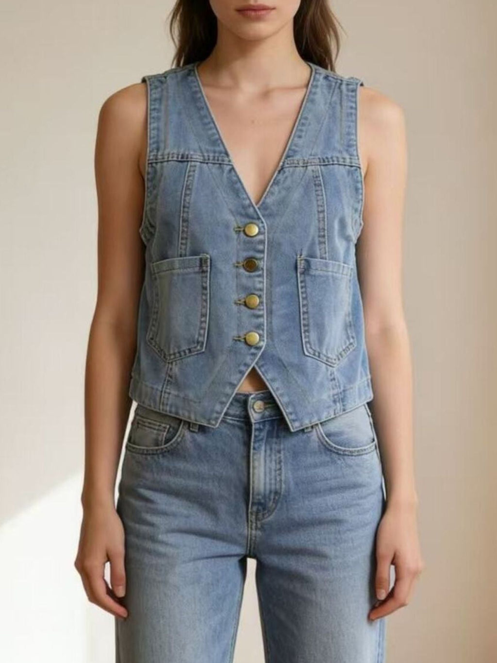 Plus Size Button-Down Denim Vest - Lara Moda