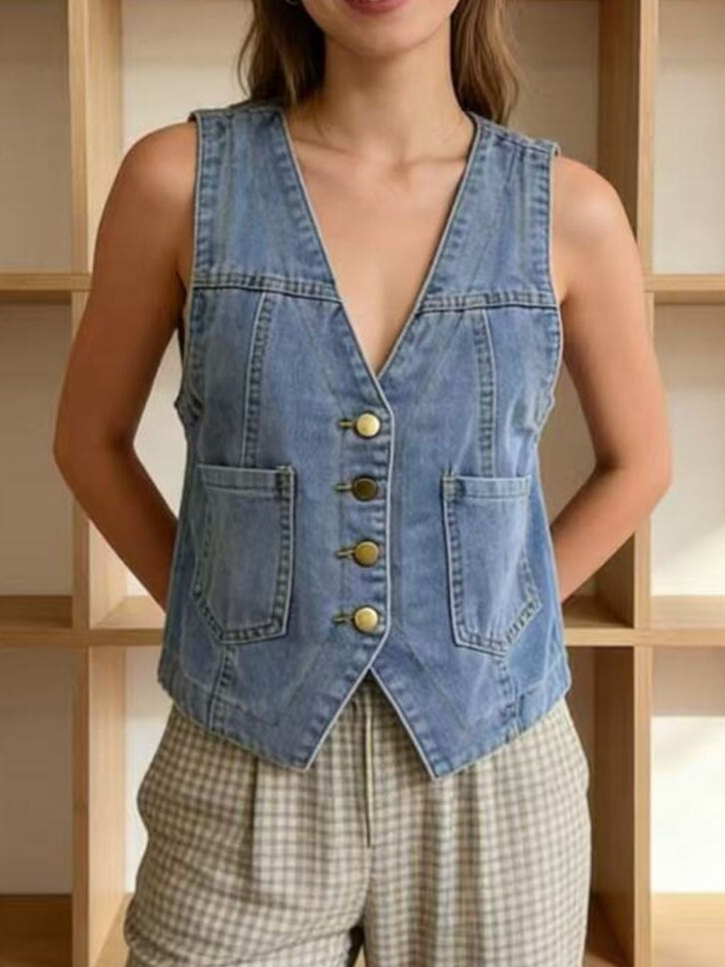 Plus Size Button-Down Denim Vest - Lara Moda