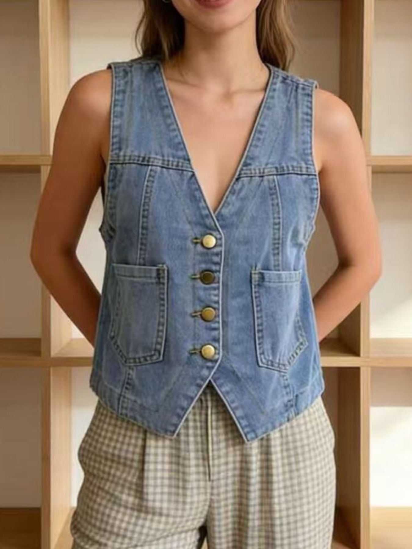 Plus Size Button-Down Denim Vest - Lara Moda