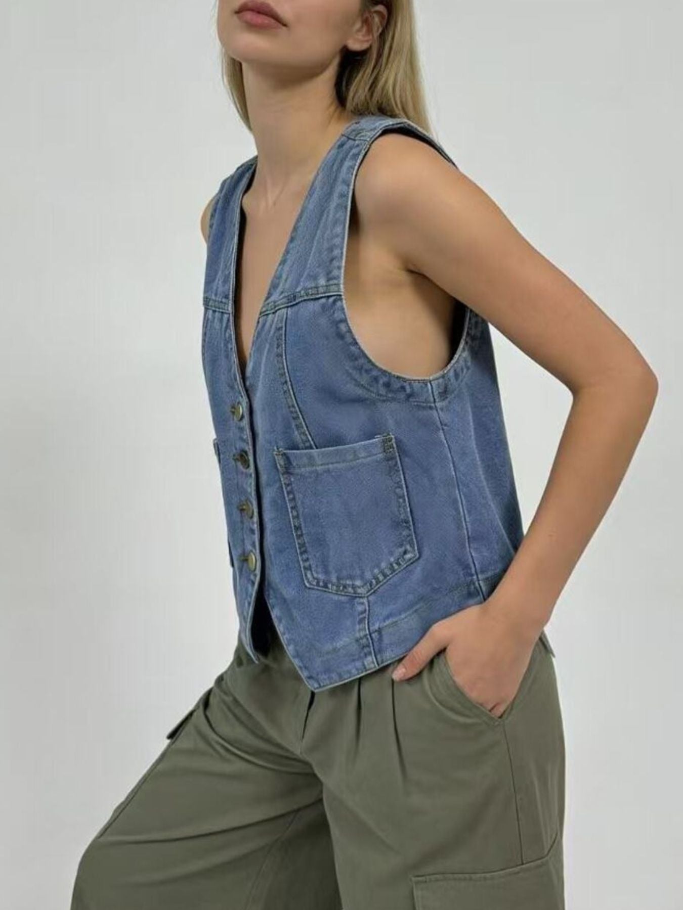 Plus Size Button-Down Denim Vest - Lara Moda