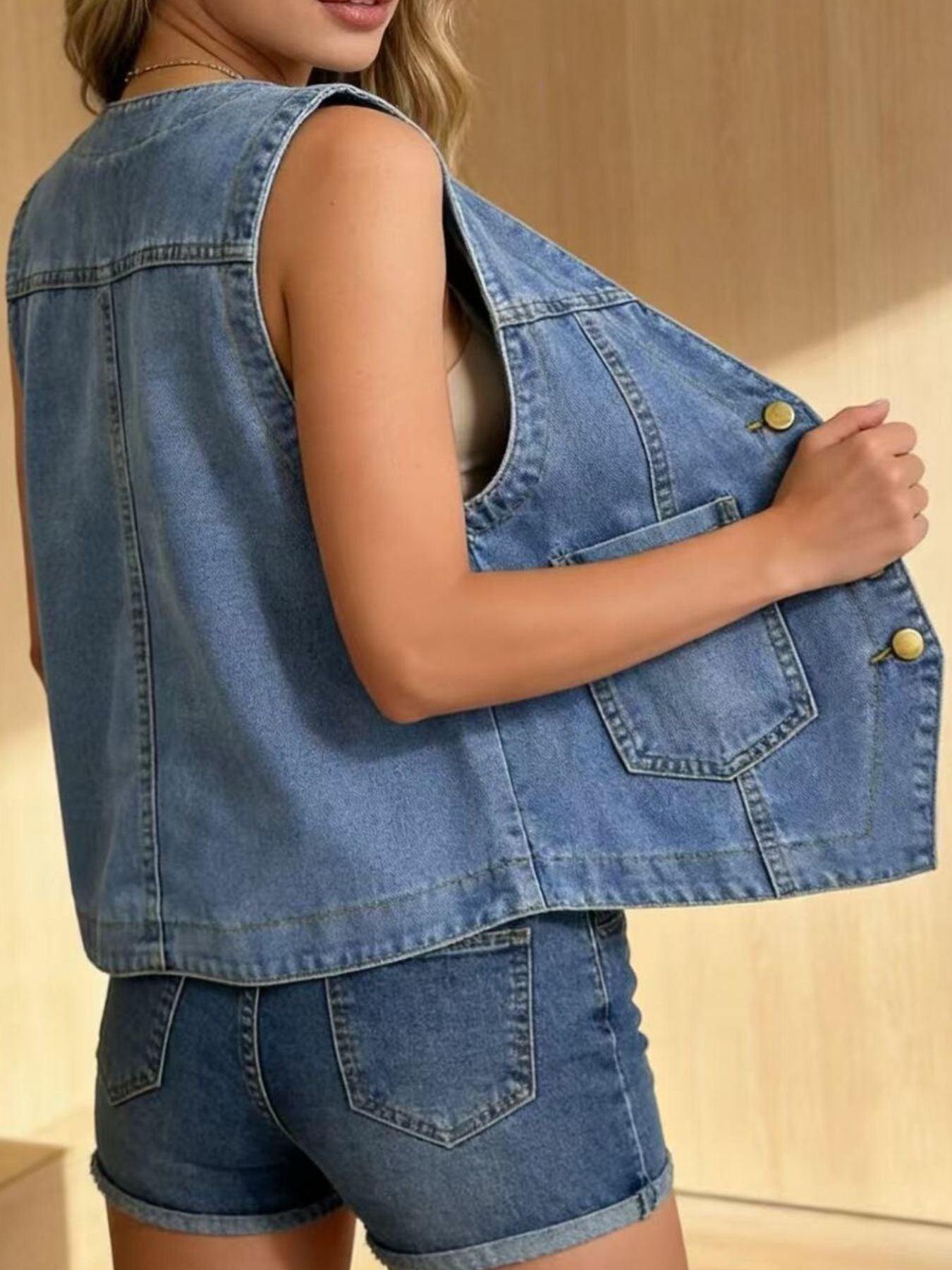 Plus Size Button-Down Denim Vest - Lara Moda