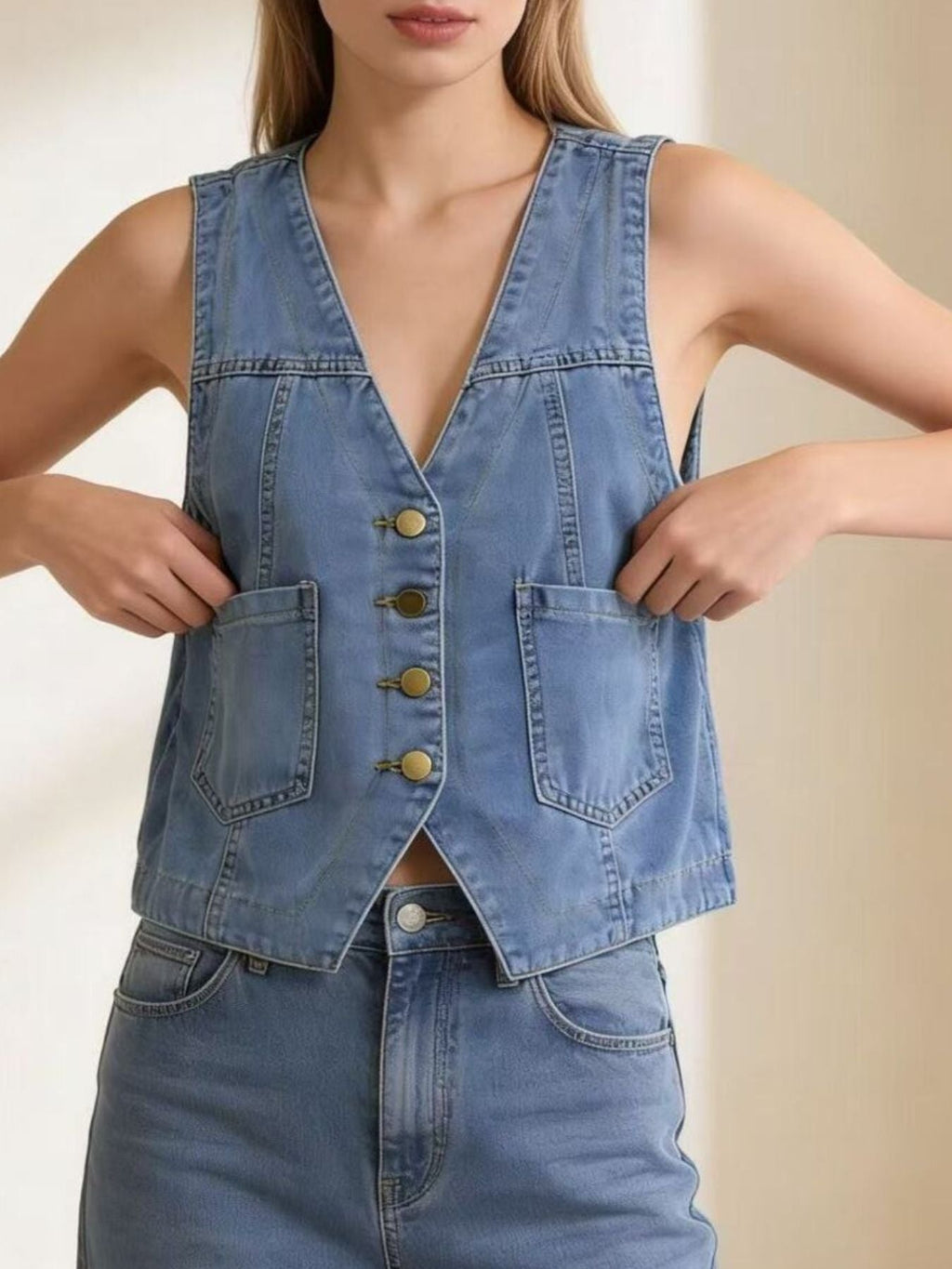 Plus Size Button-Down Denim Vest - Lara Moda