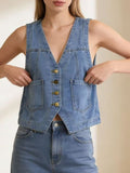 Plus Size Button-Down Denim Vest - Lara Moda