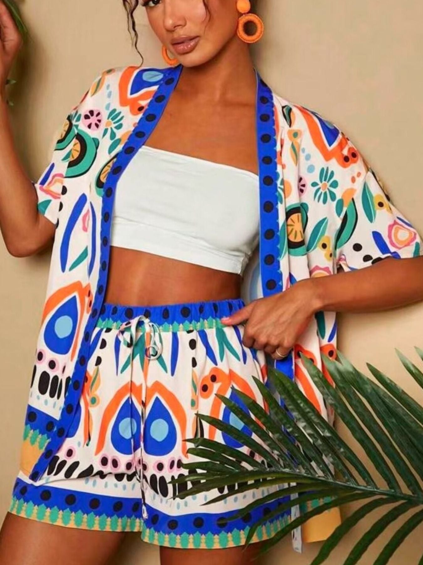 Printed Open Front Cardigan and Shorts Set - Lara Moda
