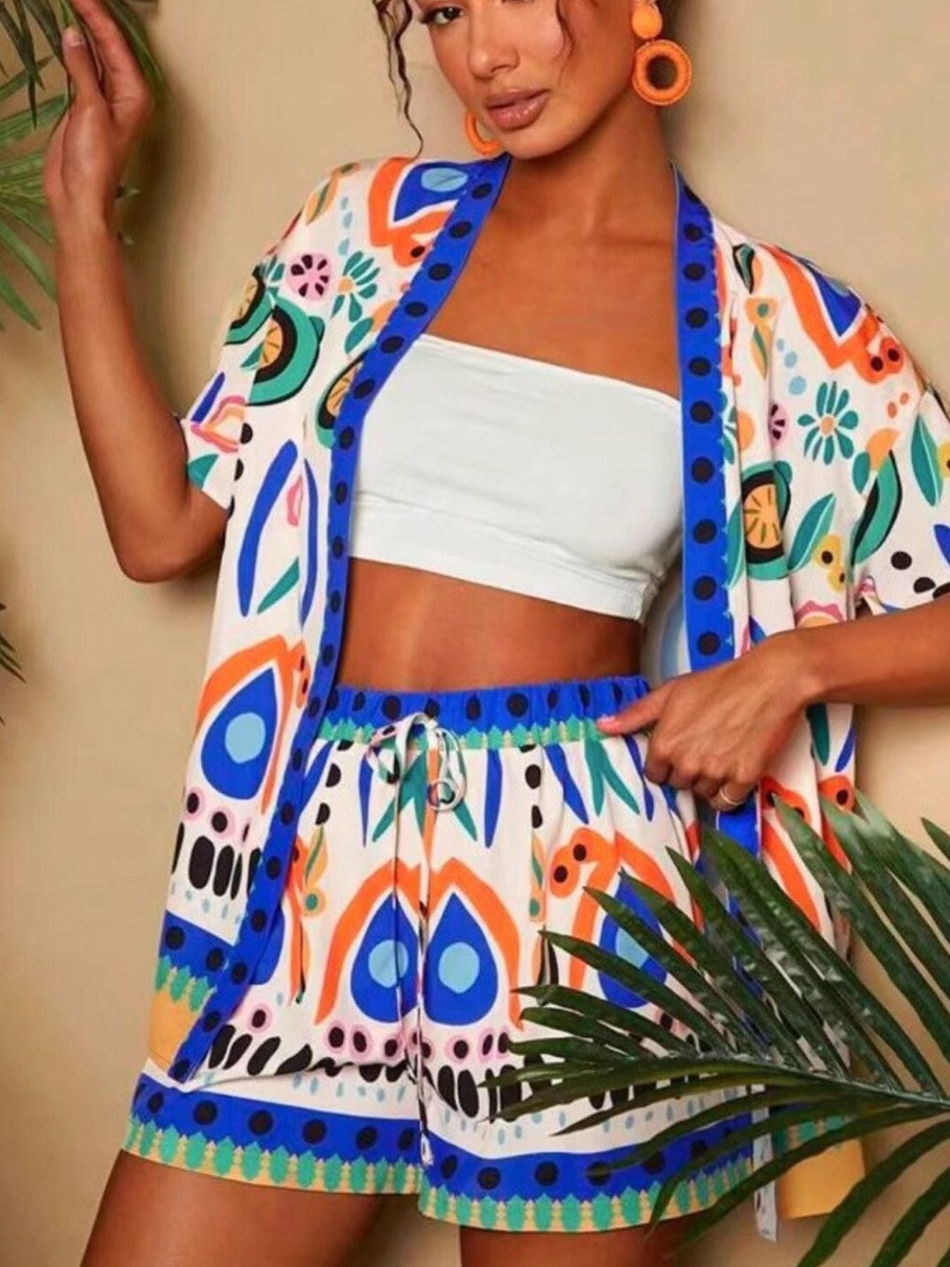Printed Open Front Cardigan and Shorts Set - Lara Moda