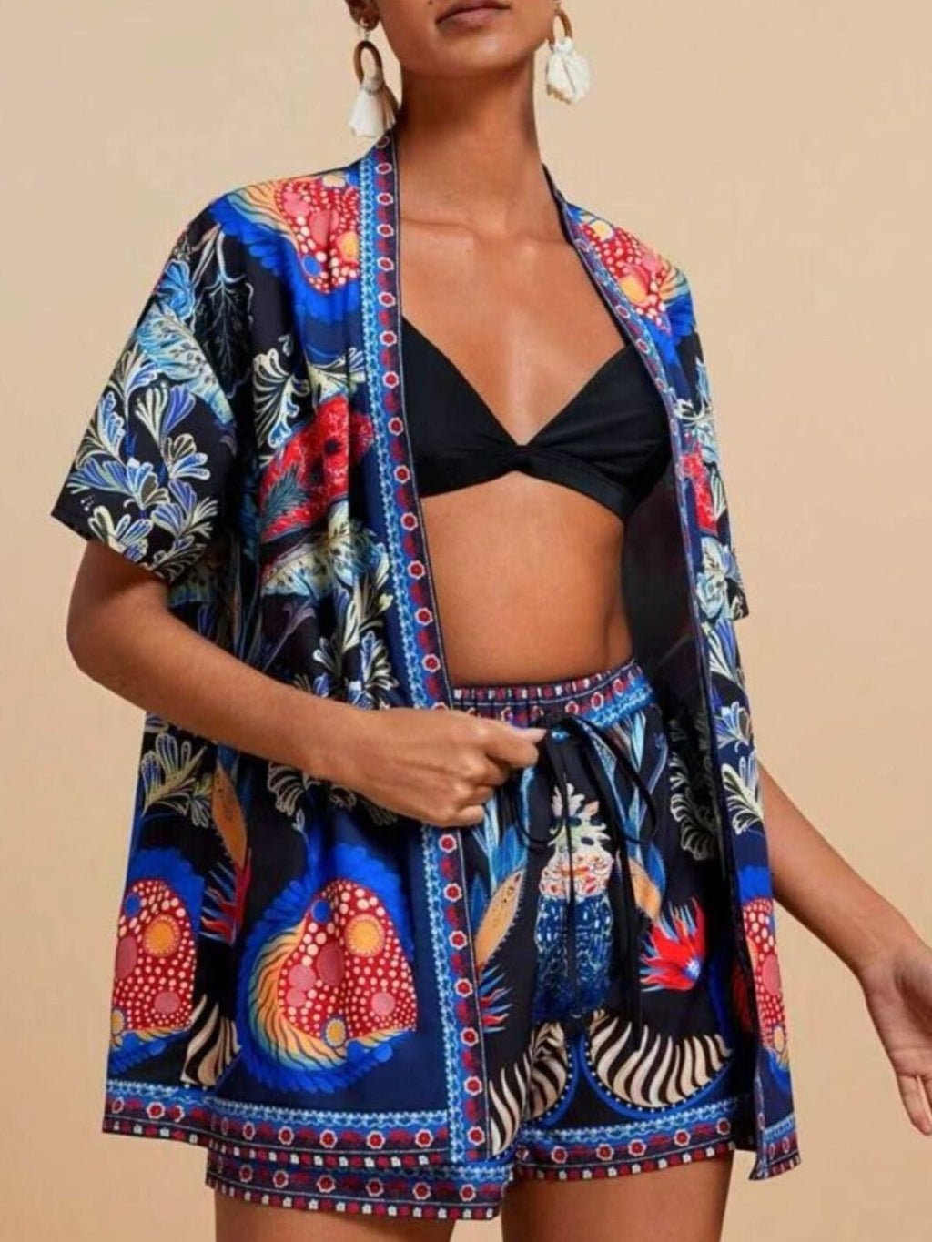 Printed Open Front Cardigan and Shorts Set - Lara Moda