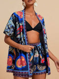 Printed Open Front Cardigan and Shorts Set - Lara Moda