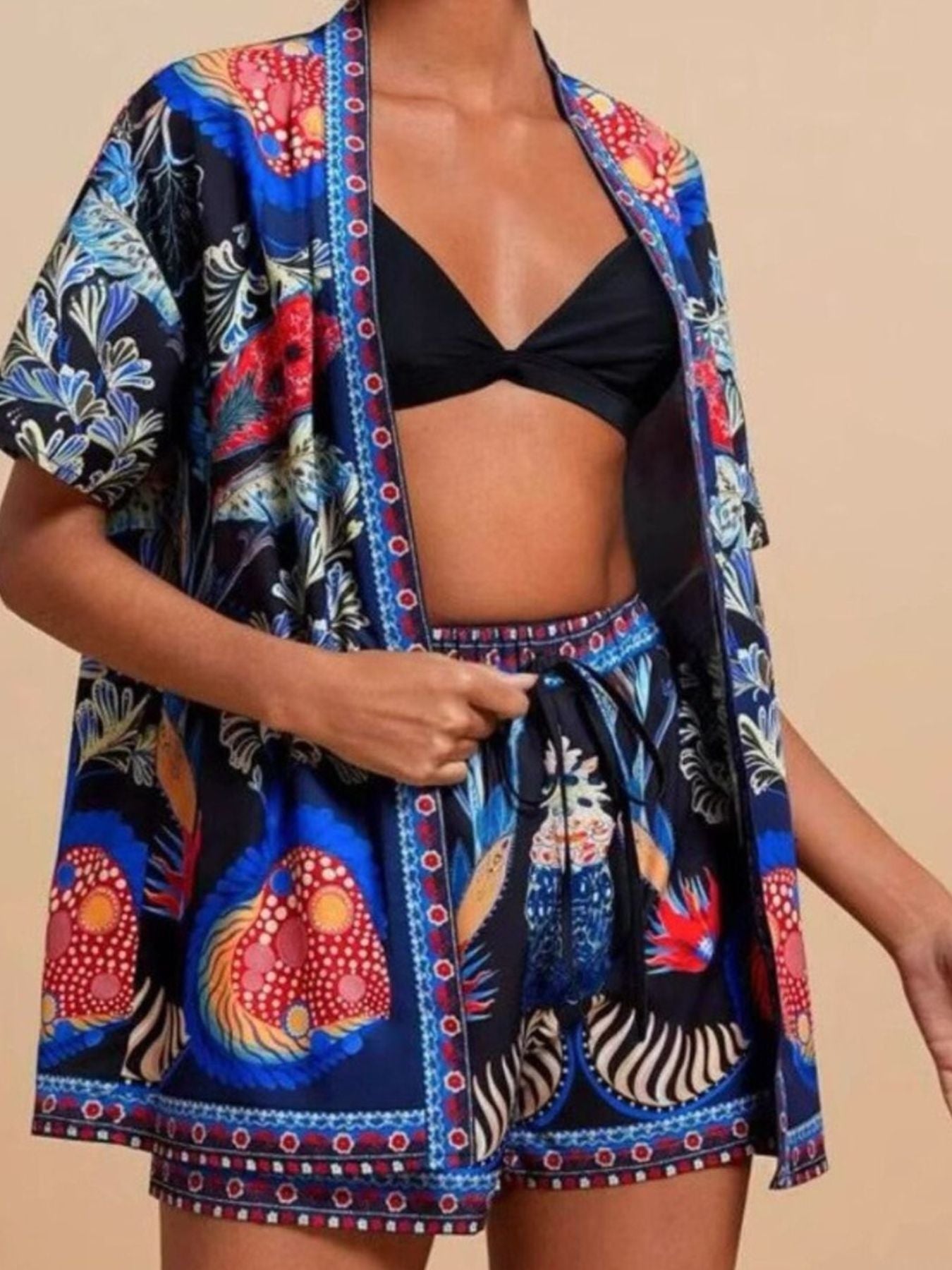 Printed Open Front Cardigan and Shorts Set - Lara Moda