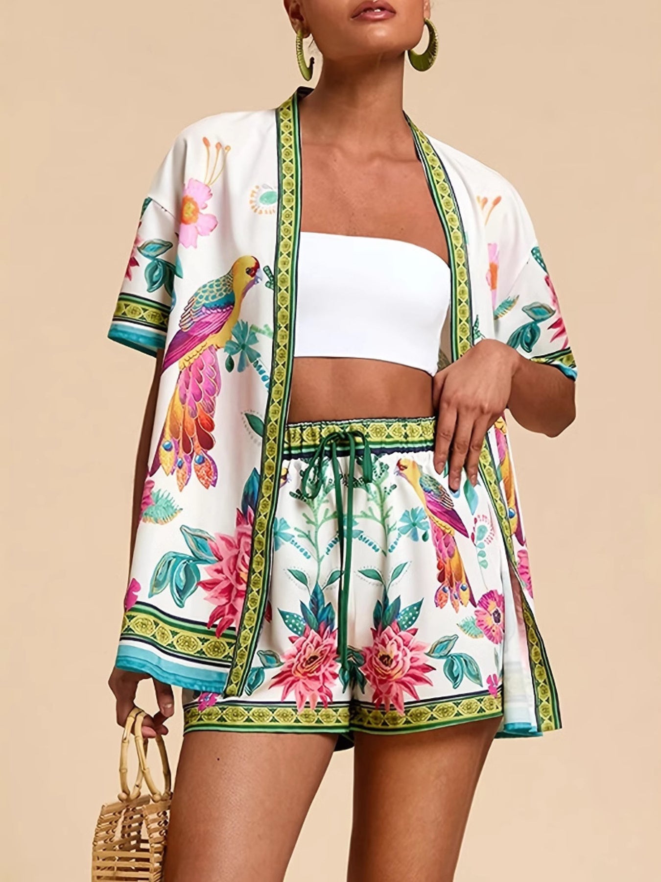 Printed Open Front Cardigan and Shorts Set - Lara Moda