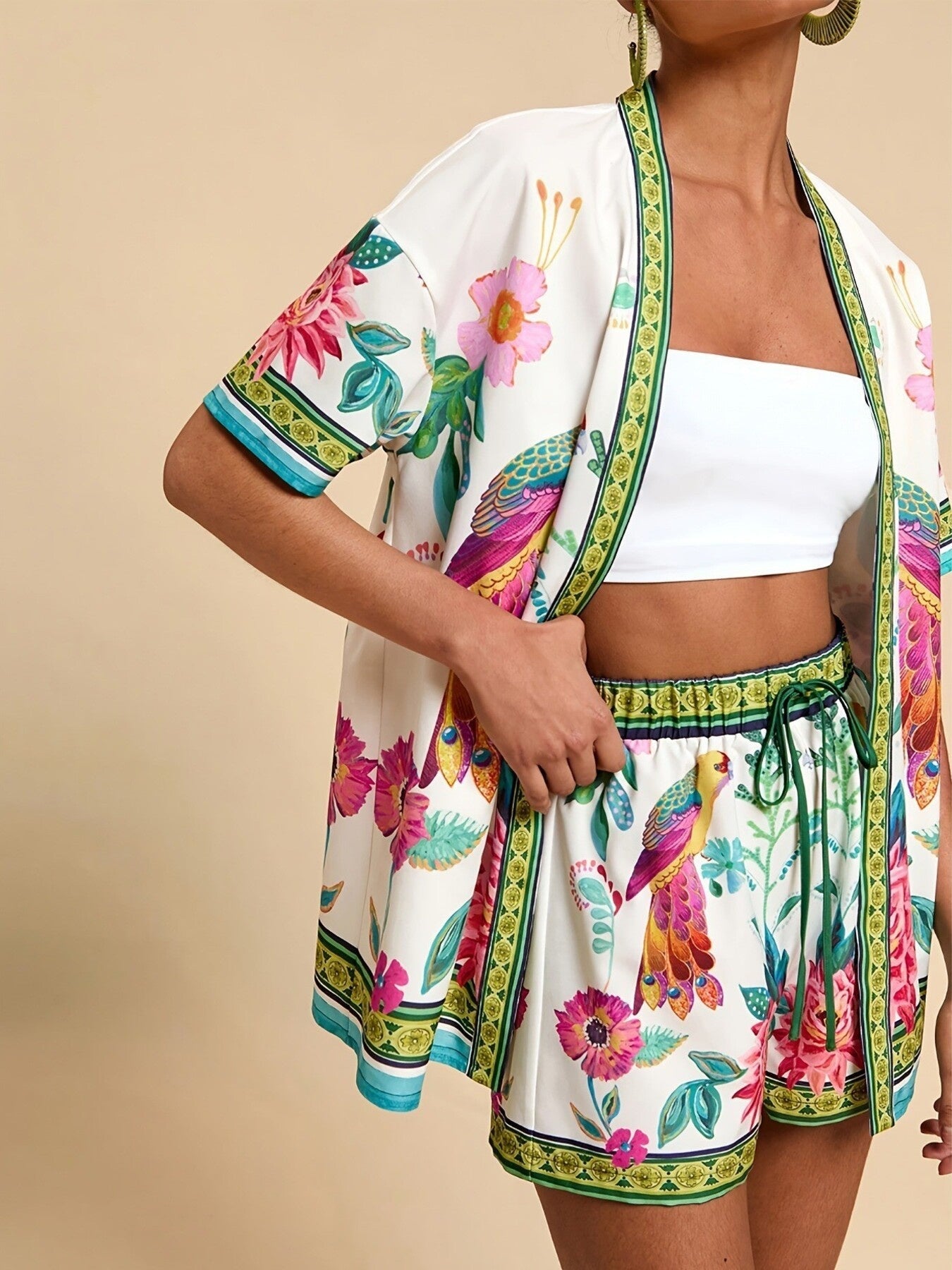 Printed Open Front Cardigan and Shorts Set - Lara Moda