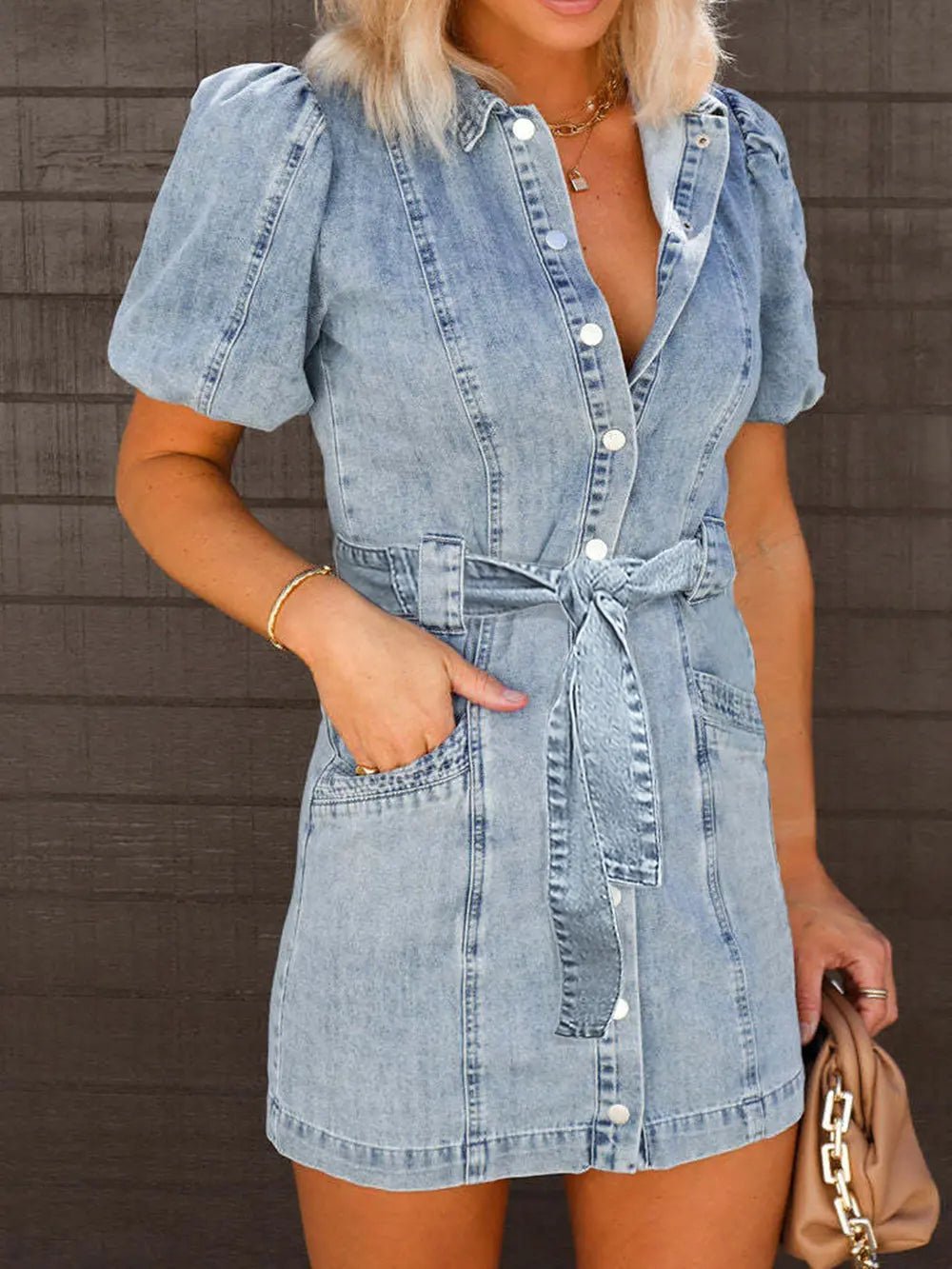Puff Sleeve Button Up Mini Denim Dress - Lara Moda