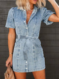 Puff Sleeve Button Up Mini Denim Dress - Lara Moda