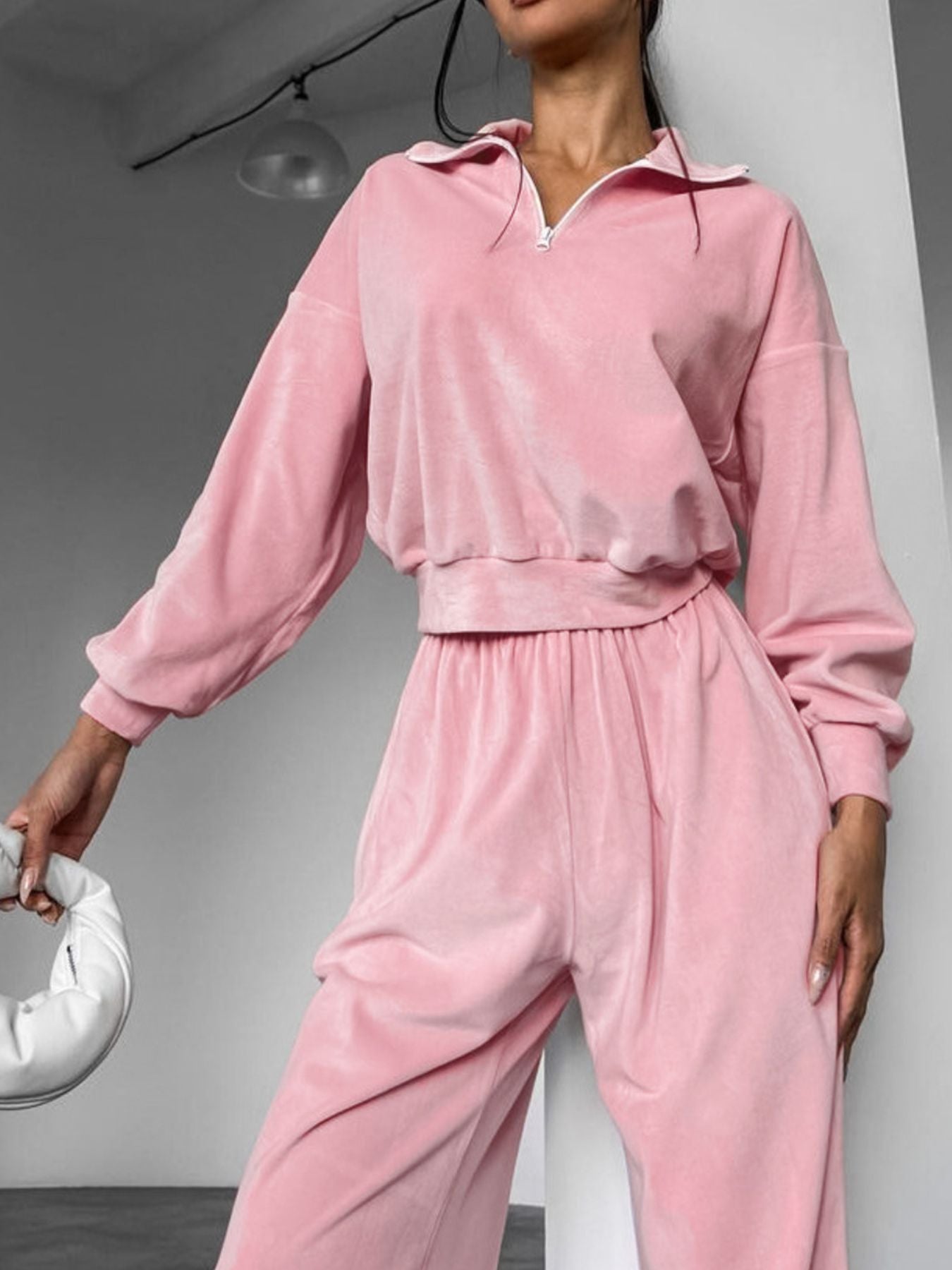 Quarter Zip Long Sleeve Top and Pants Set - Lara Moda