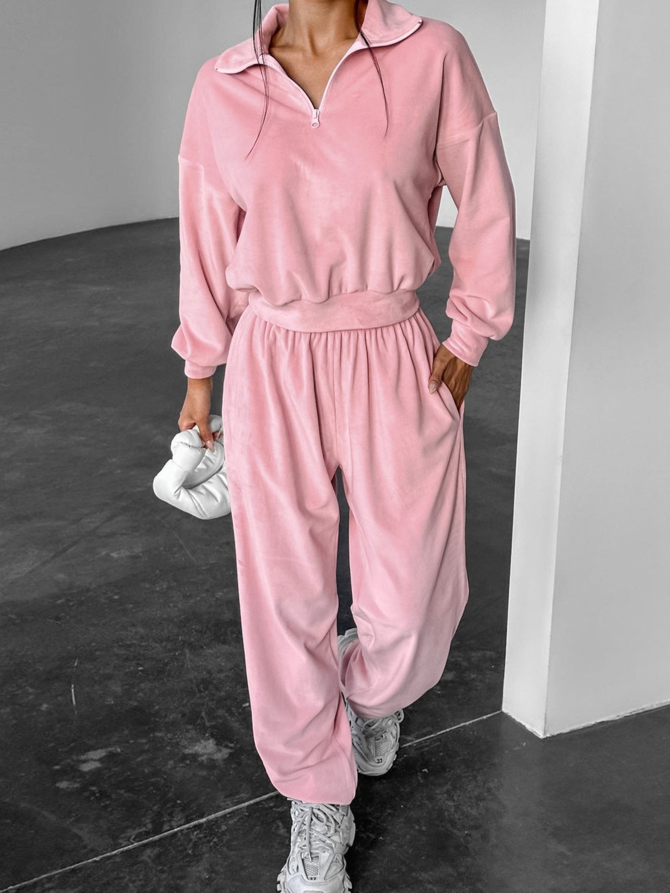 Quarter Zip Long Sleeve Top and Pants Set - Lara Moda