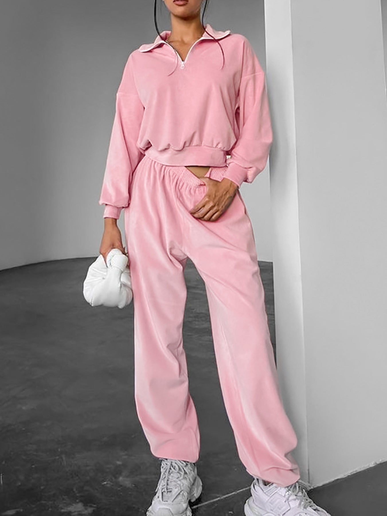 Quarter Zip Long Sleeve Top and Pants Set - Lara Moda