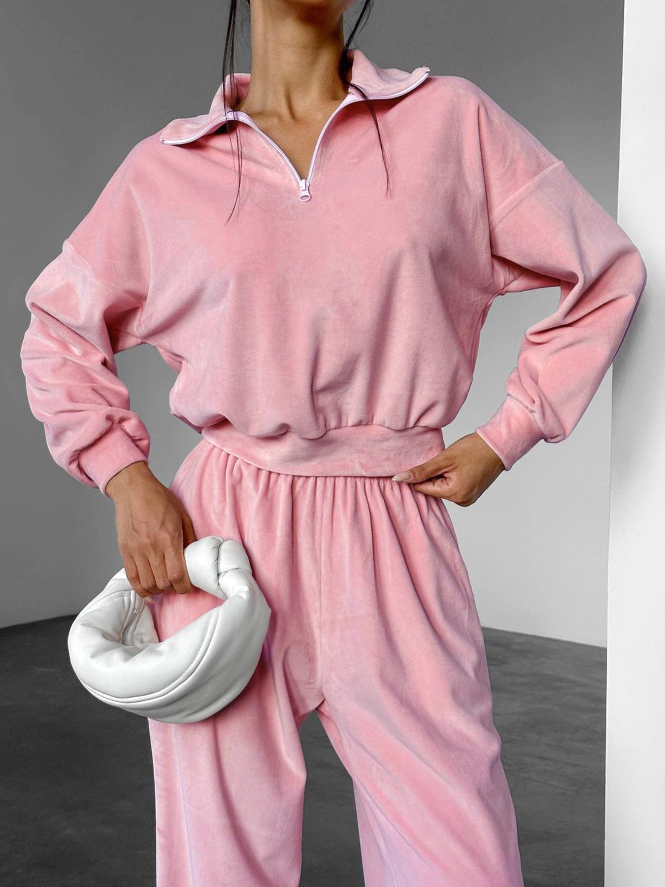 Quarter Zip Long Sleeve Top and Pants Set - Lara Moda