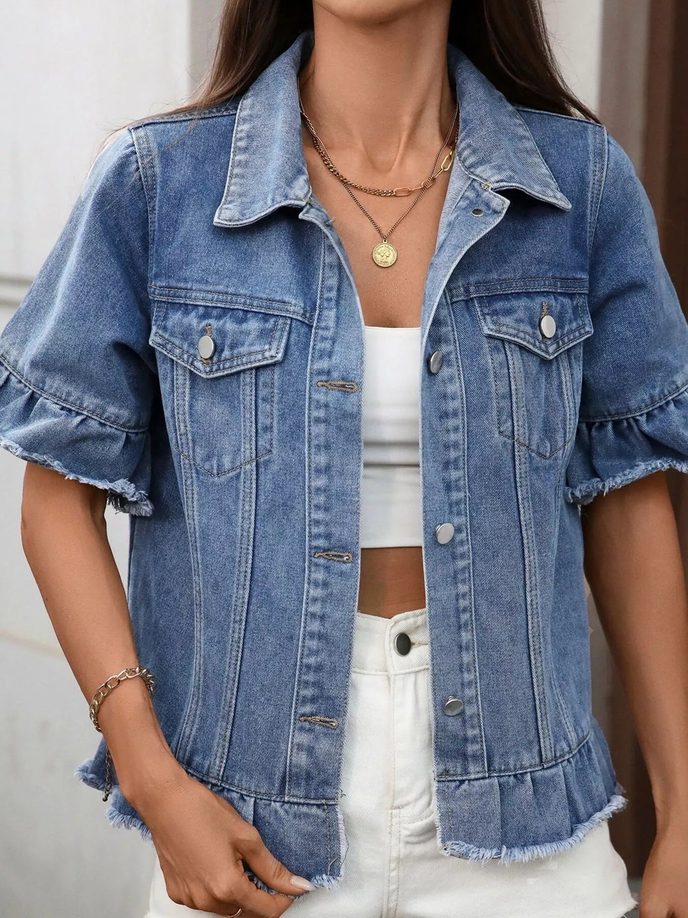 Raw Hem Button Up Denim Jacket - Lara Moda