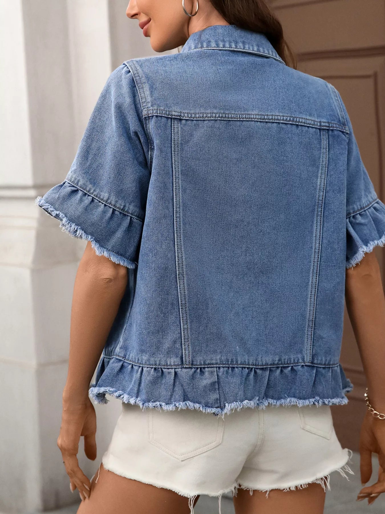 Raw Hem Button Up Denim Jacket - Lara Moda