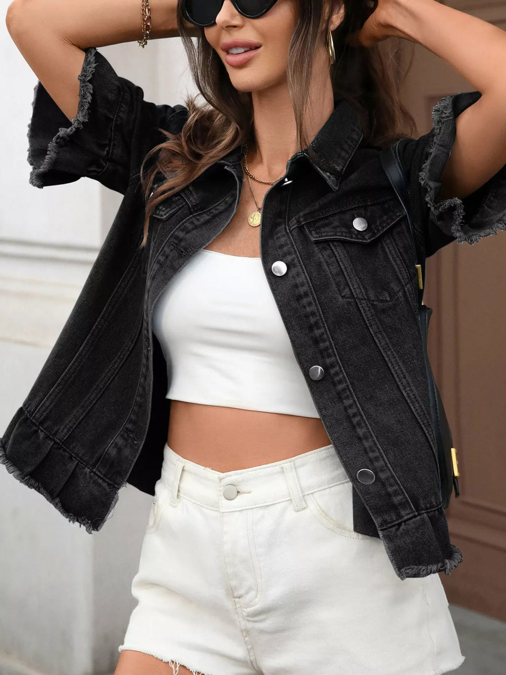 Raw Hem Button Up Denim Jacket - Lara Moda