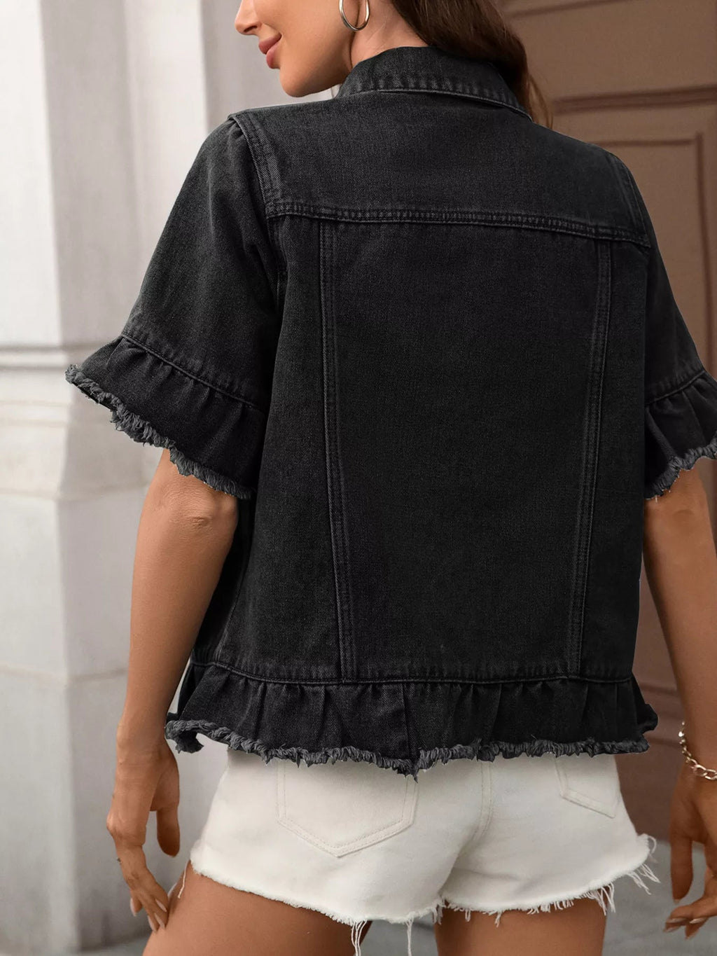Raw Hem Button Up Denim Jacket - Lara Moda