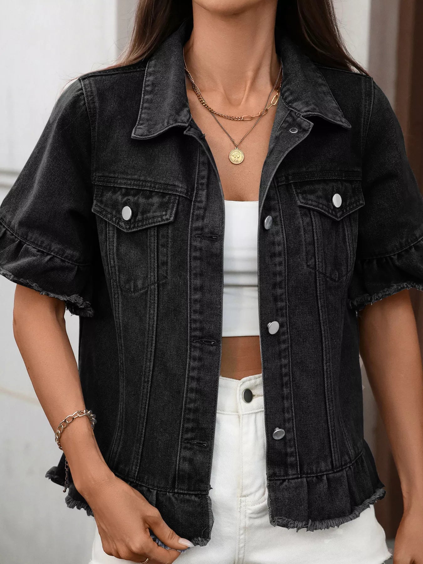 Raw Hem Button Up Denim Jacket - Lara Moda