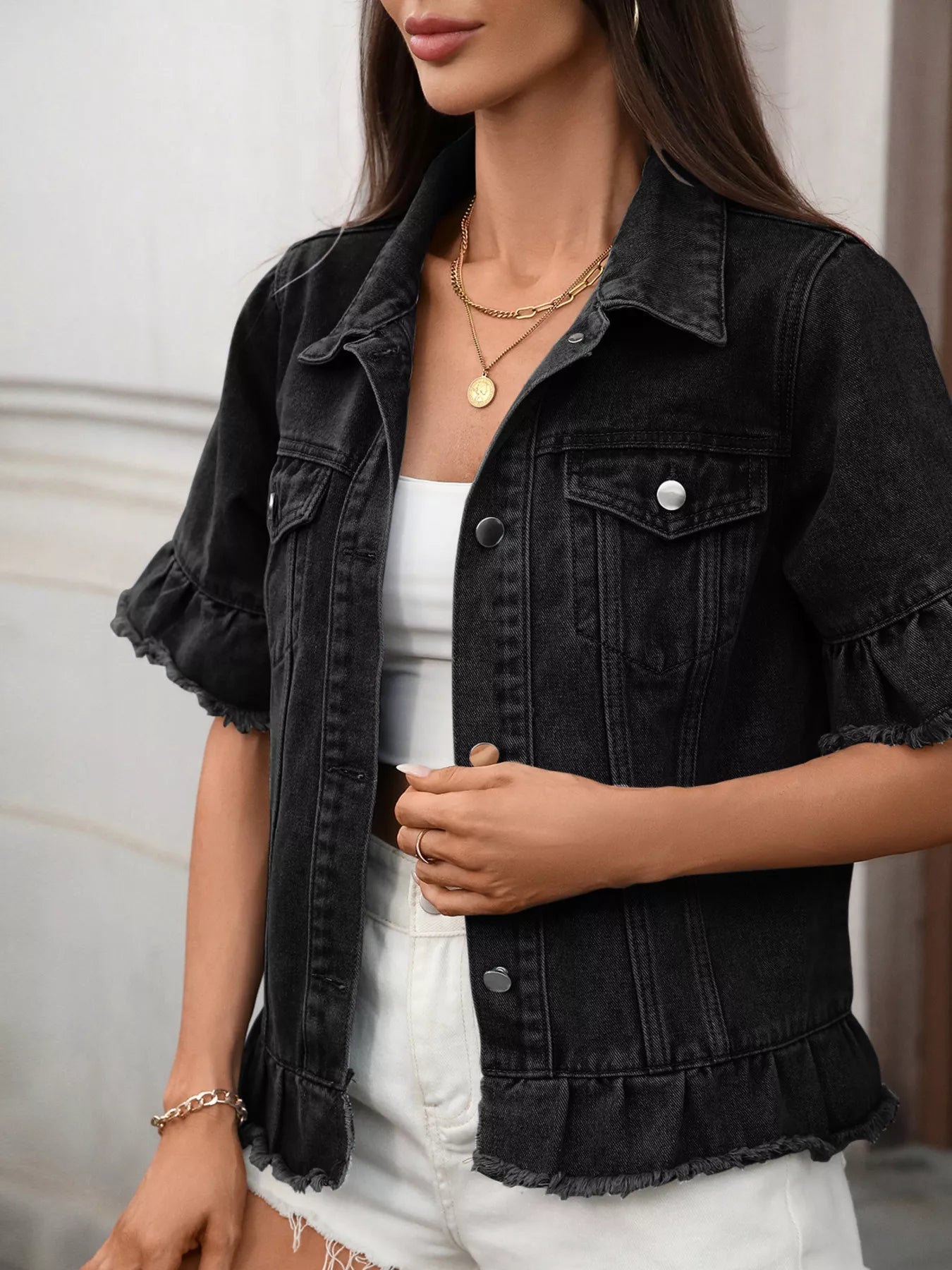 Raw Hem Button Up Denim Jacket - Lara Moda