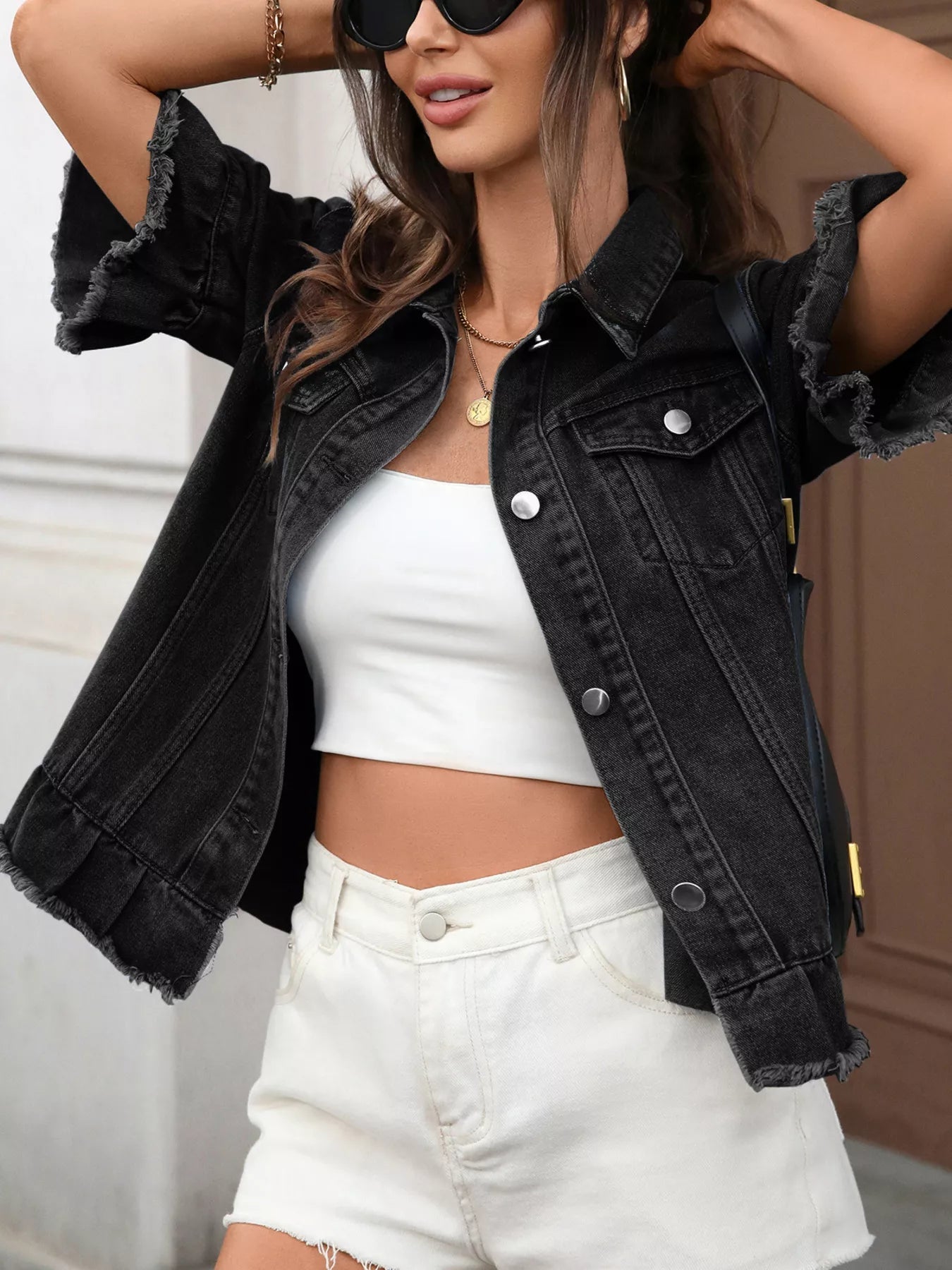 Raw Hem Button Up Denim Jacket - Lara Moda