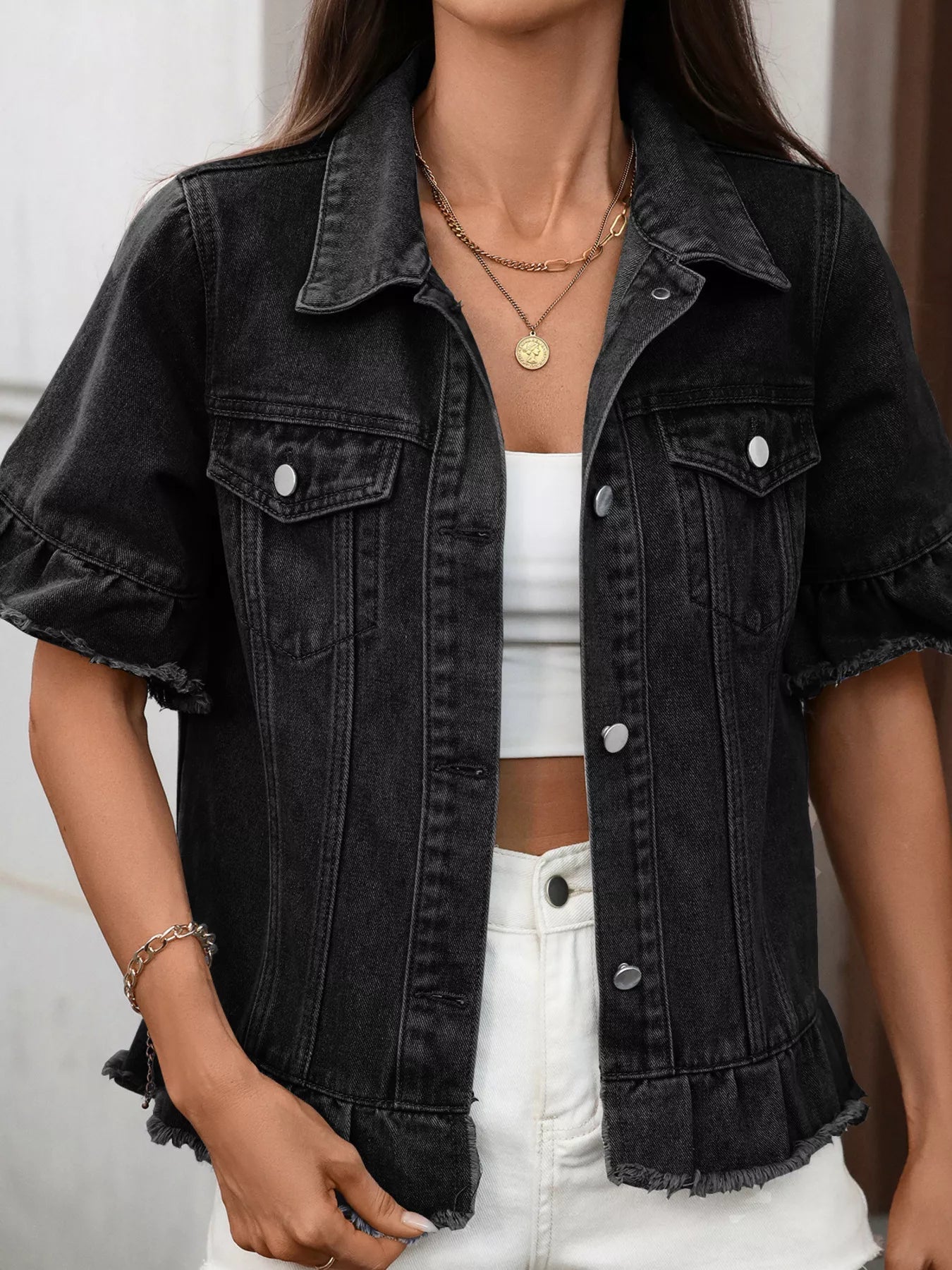 Raw Hem Button Up Denim Jacket - Lara Moda