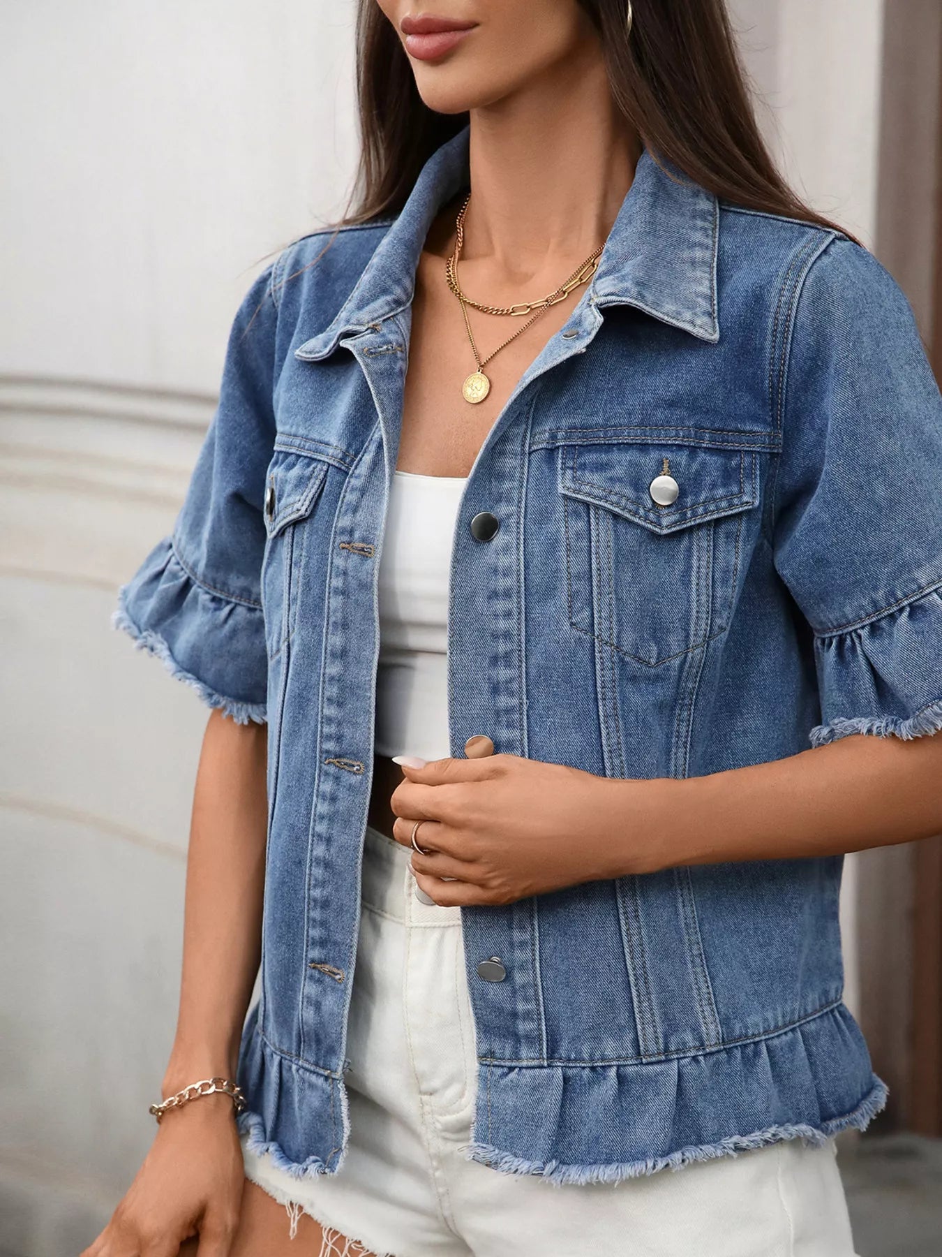 Raw Hem Button Up Denim Jacket - Lara Moda