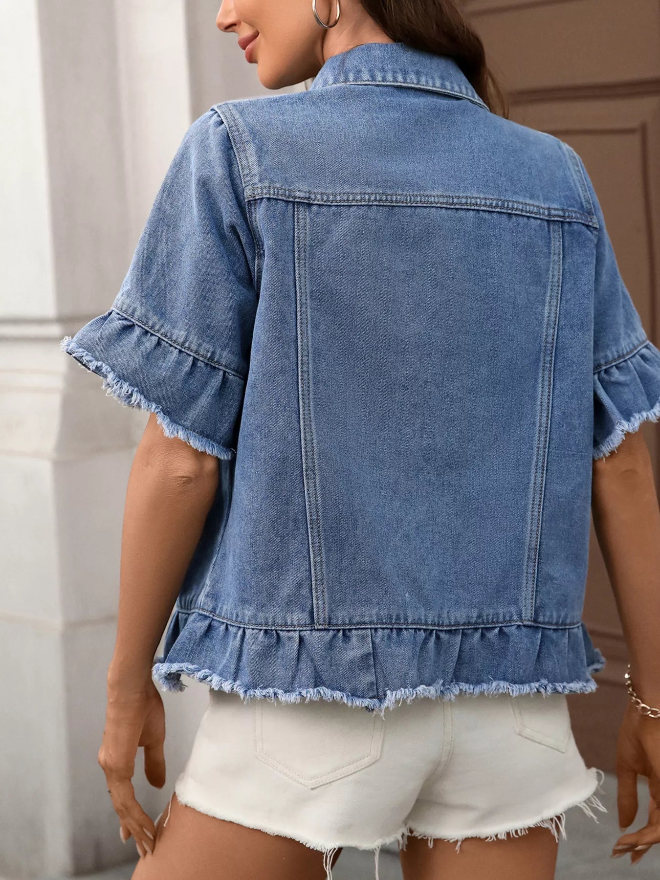 Raw Hem Button Up Denim Jacket - Lara Moda