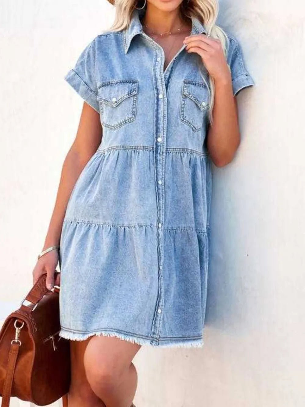 Raw Hem Short Sleeve Denim Dress - Lara Moda