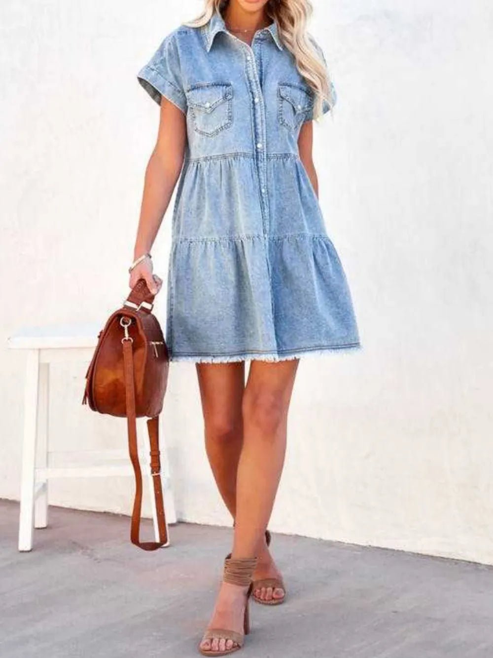 Raw Hem Short Sleeve Denim Dress - Lara Moda