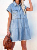 Raw Hem Short Sleeve Denim Dress - Lara Moda