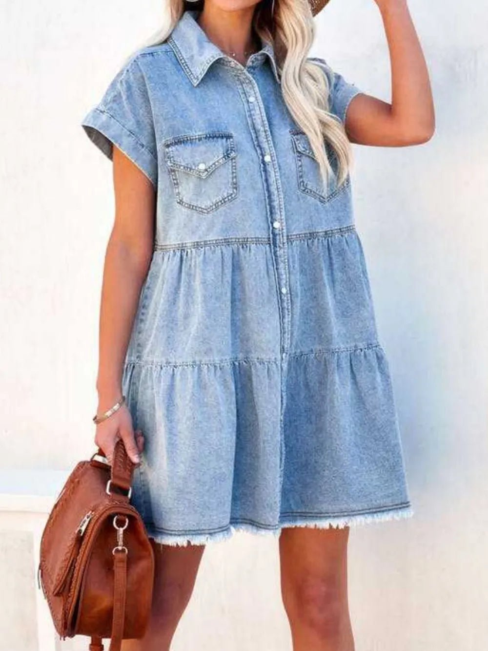 Raw Hem Short Sleeve Denim Dress - Lara Moda