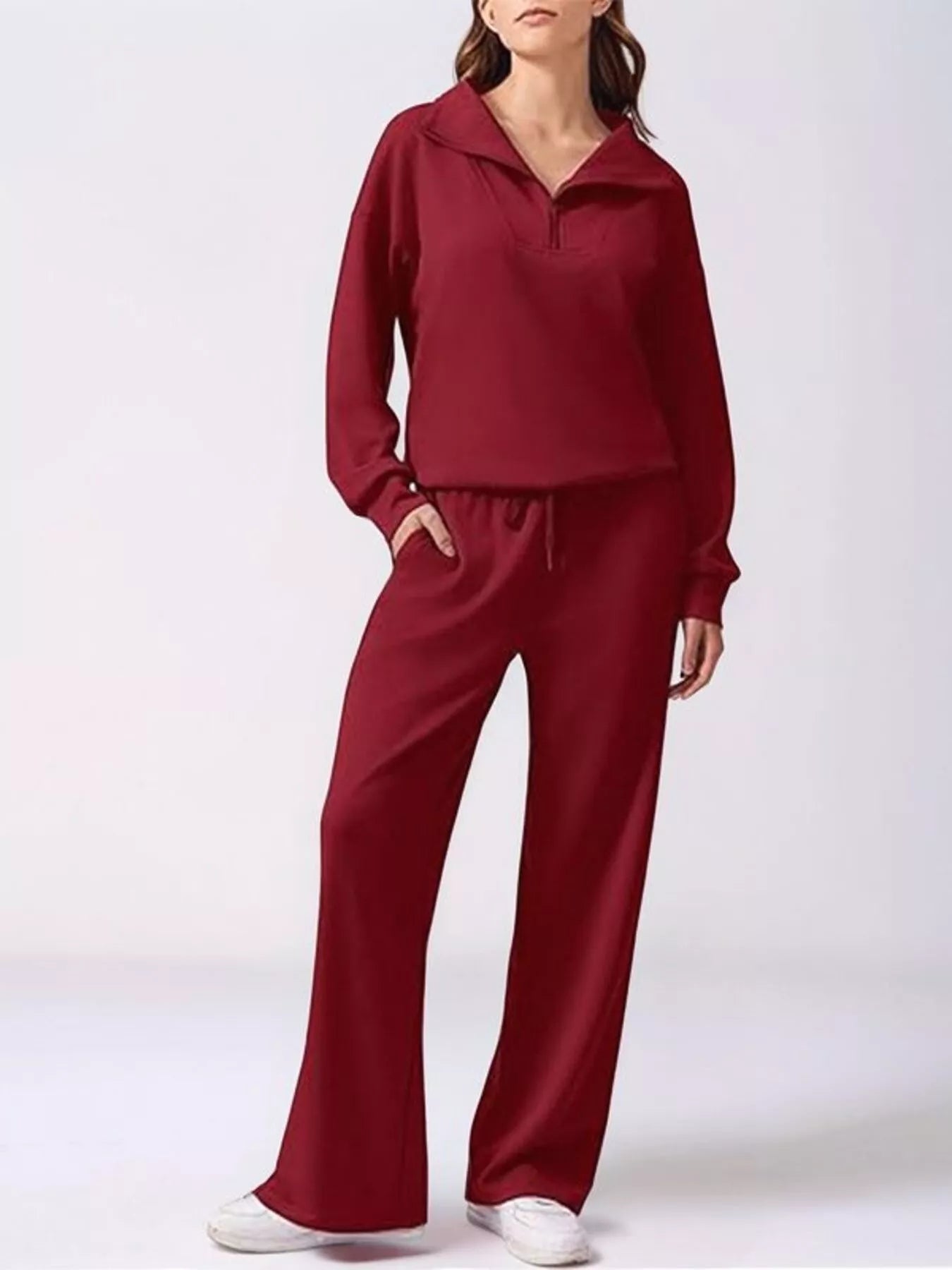 Relaxed Fit Quarter-Zip Top and Pants Set - Lara Moda
