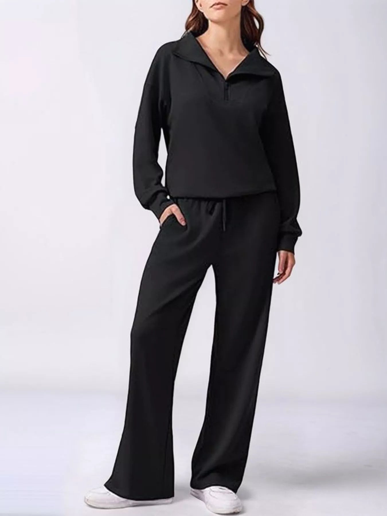 Relaxed Fit Quarter-Zip Top and Pants Set - Lara Moda