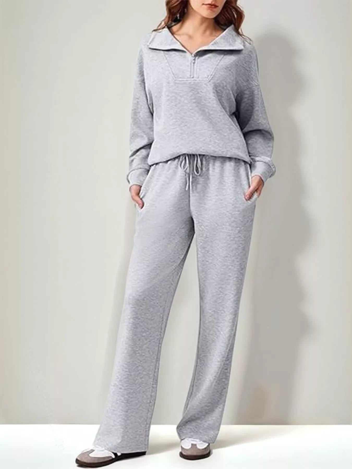 Relaxed Fit Quarter-Zip Top and Pants Set - Lara Moda
