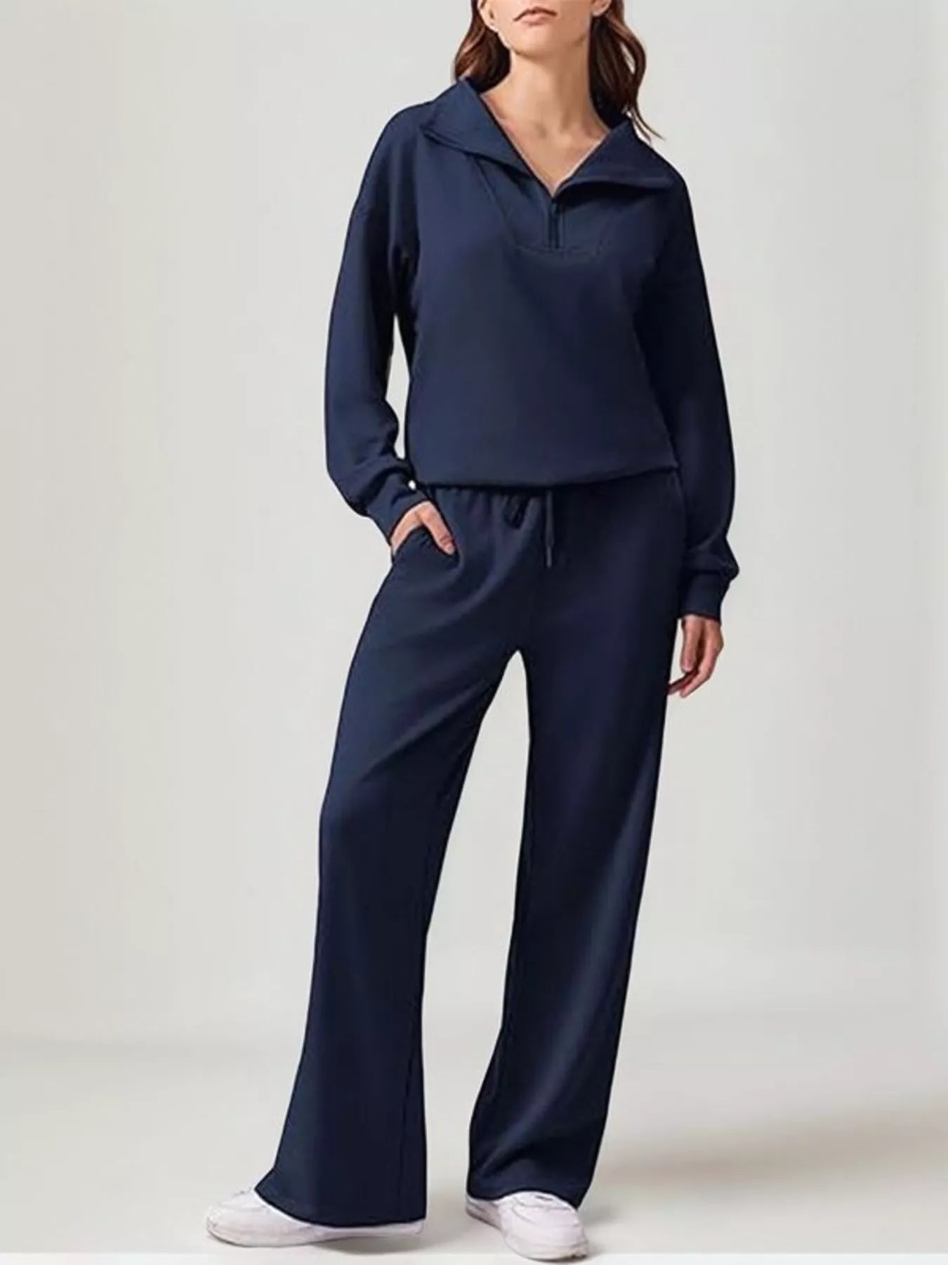 Relaxed Fit Quarter-Zip Top and Pants Set - Lara Moda