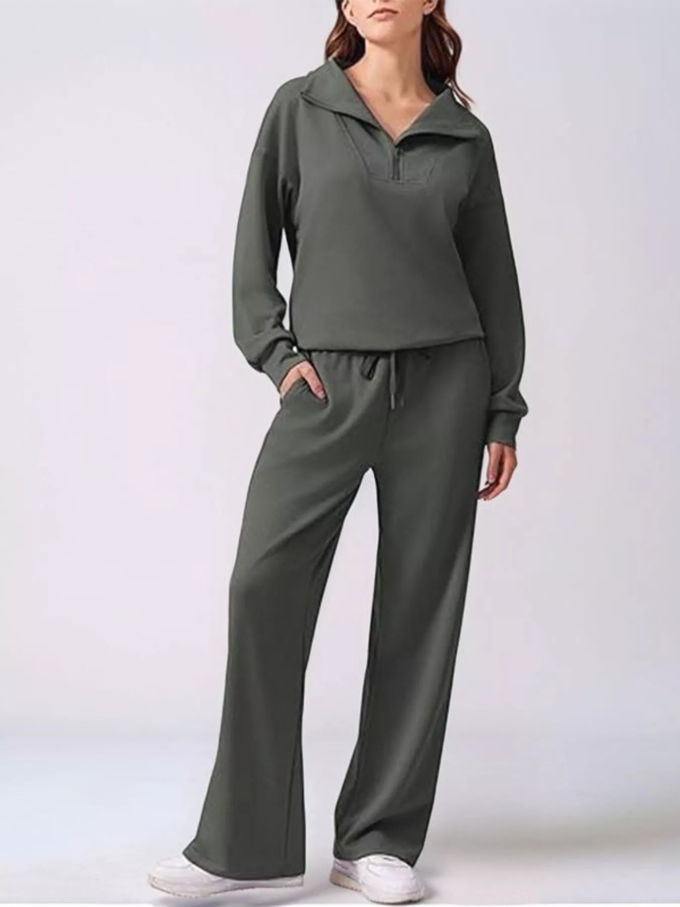 Relaxed Fit Quarter-Zip Top and Pants Set - Lara Moda