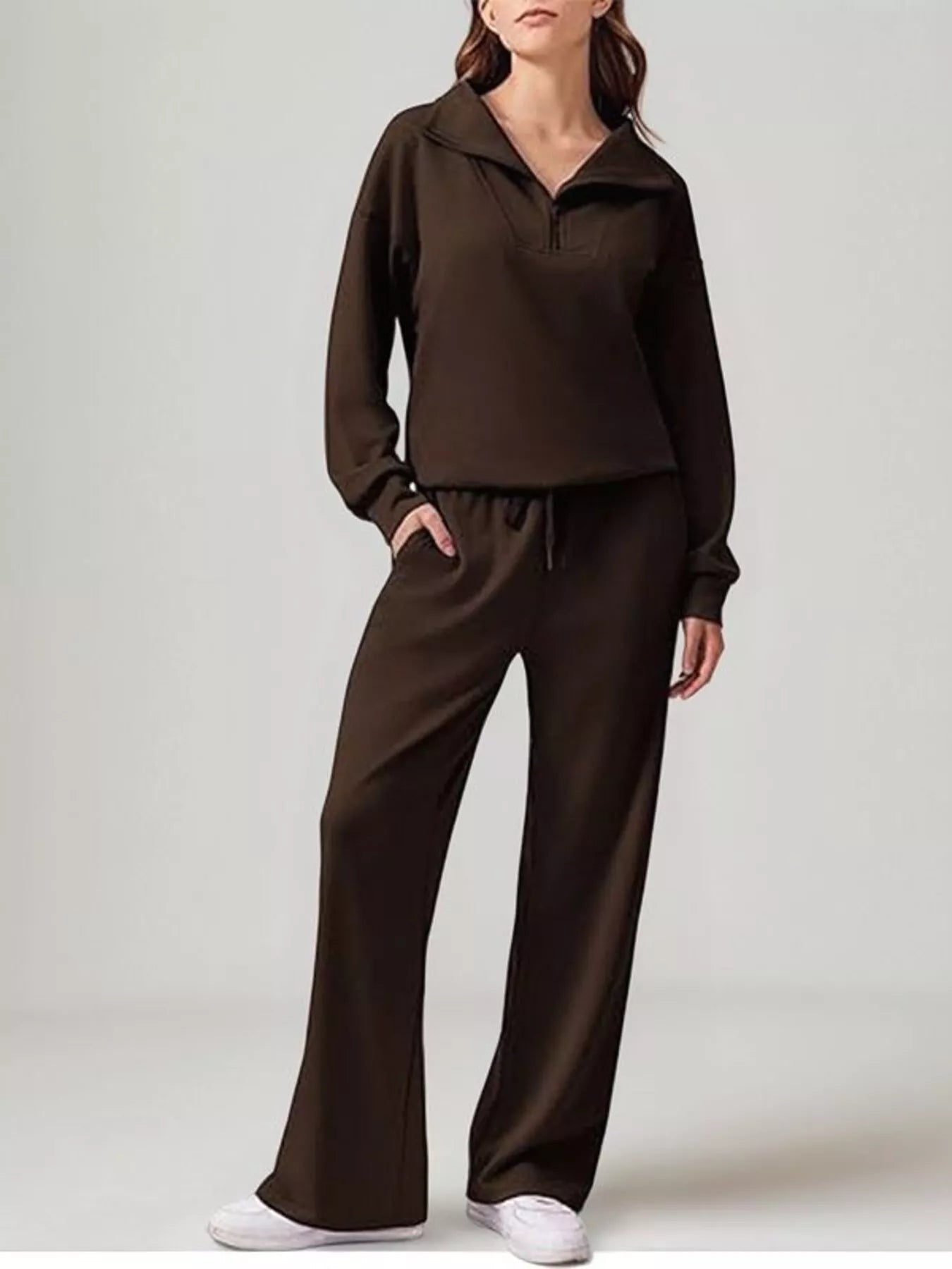 Relaxed Fit Quarter-Zip Top and Pants Set - Lara Moda