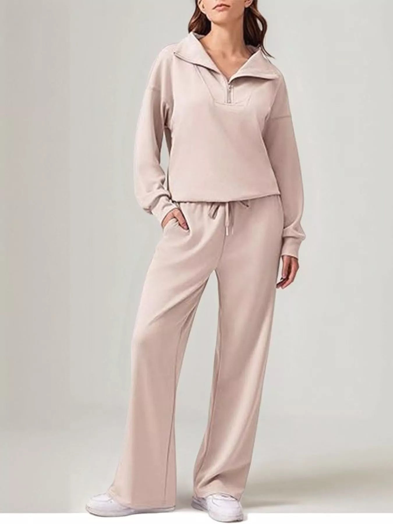 Relaxed Fit Quarter-Zip Top and Pants Set - Lara Moda